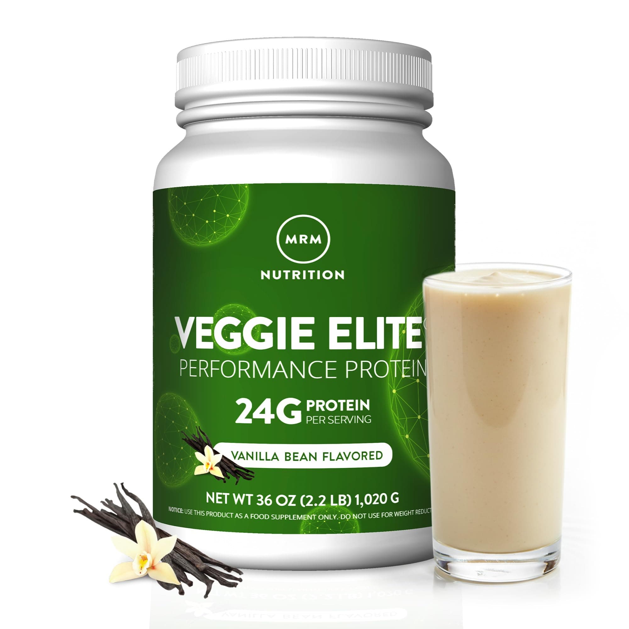 MRM Veggie Elite Performance Protein - Vanilla Bean, Plant-Based Powder, 24g Protein per Serving with BCAAs & Digestive Enzymes, Clinically Tested - Vegan, Gluten-Free - 30 Servings