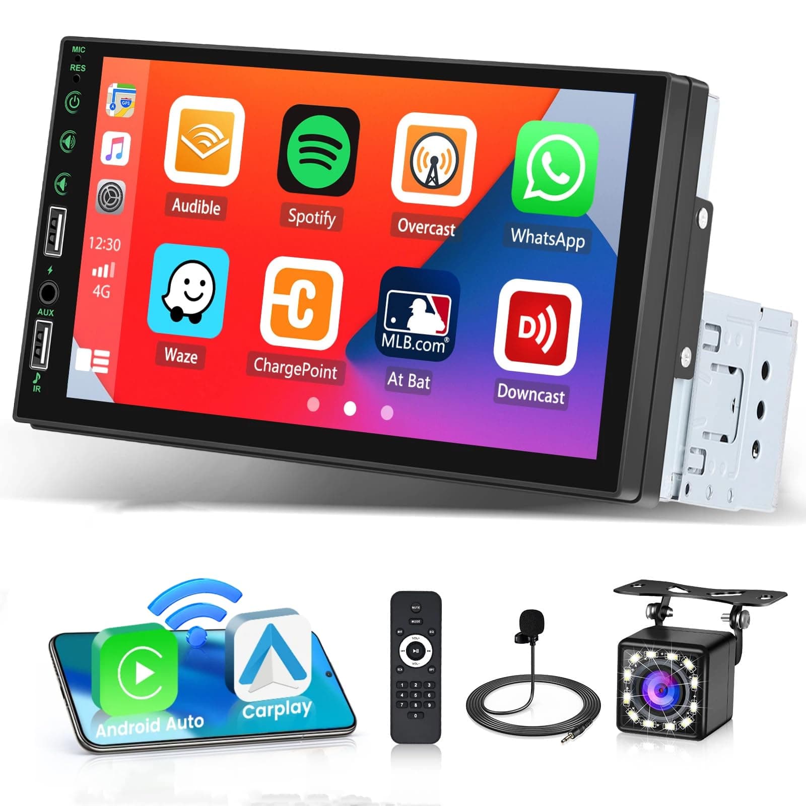 Hikity Single Din Car Stereo with Wireless Apple CarPlay Android Auto, 7 Inch Touch Screen Bluetooth Car Radio Hands-Free GPS Navigation FM AUX USB Fast Charging EQ SWC Rear View Camera