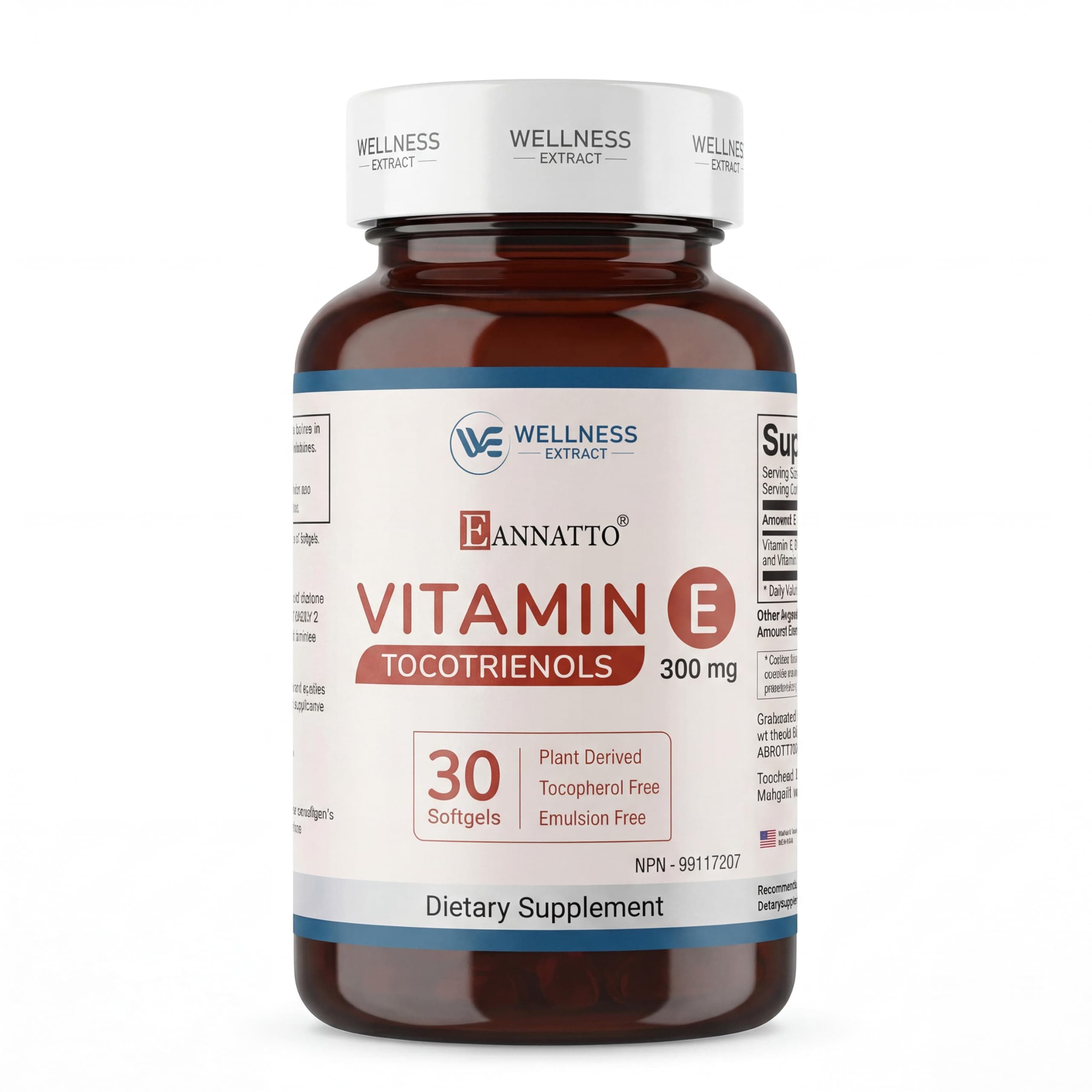 WELLNESS EXTRACT Eannatto Tocotrienols Vitamin E Supplements Tocopherol Free, Non-GMO, Gluten Free & Antioxidant (300MG 30 Softgels)
