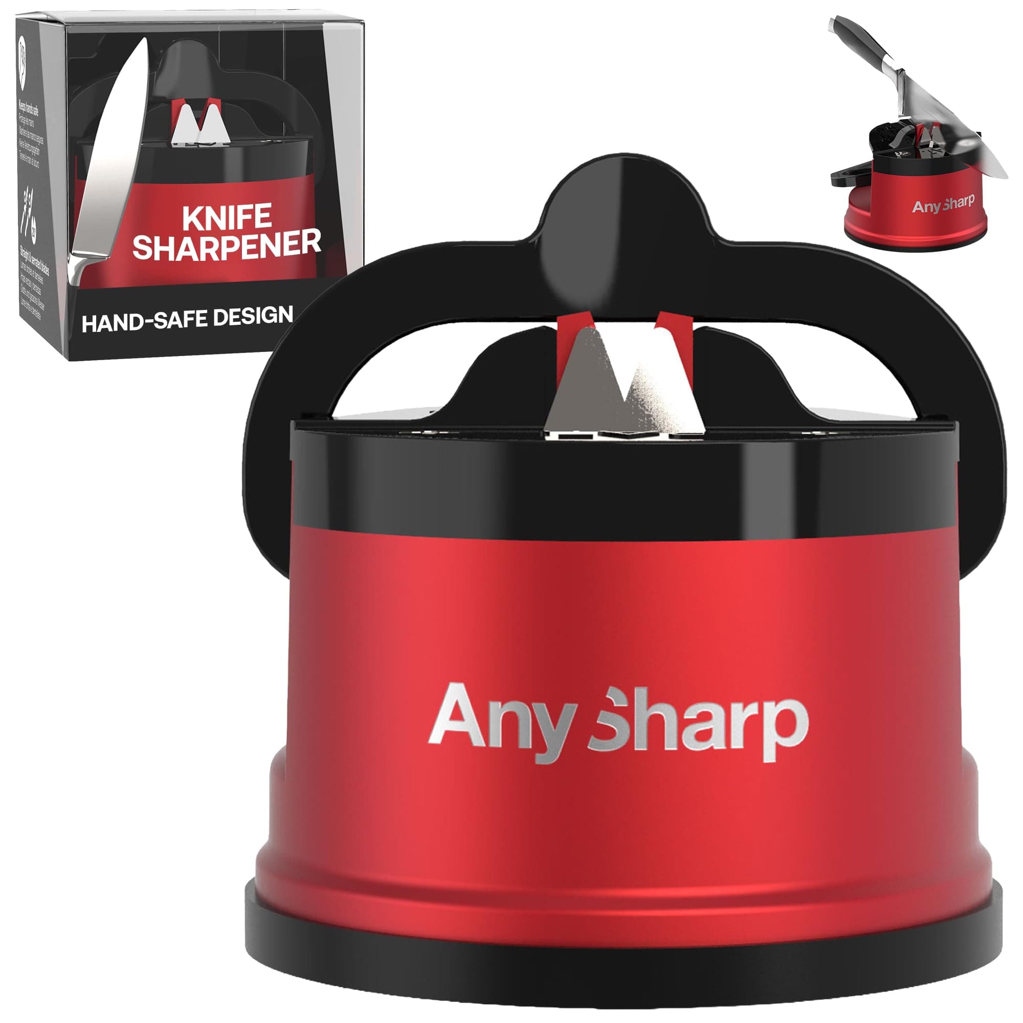 AnySharp – Pro – Hands Free Knife Sharpener - Easy to Use Sharpening Tool with PowerGrip Suction Base and 20-Degree Pre-Set Angle - for All Knives: Chef's, Serrated, and Hardened Steel - Matte Red