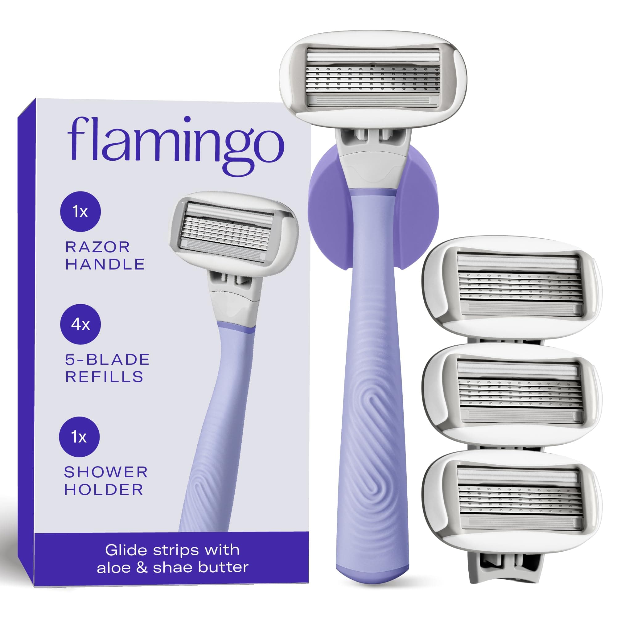 Flamingo 1 Women's Razor Handle (Lilac), 4 Razor Five-Blade Refills, and 1 Shower Holder