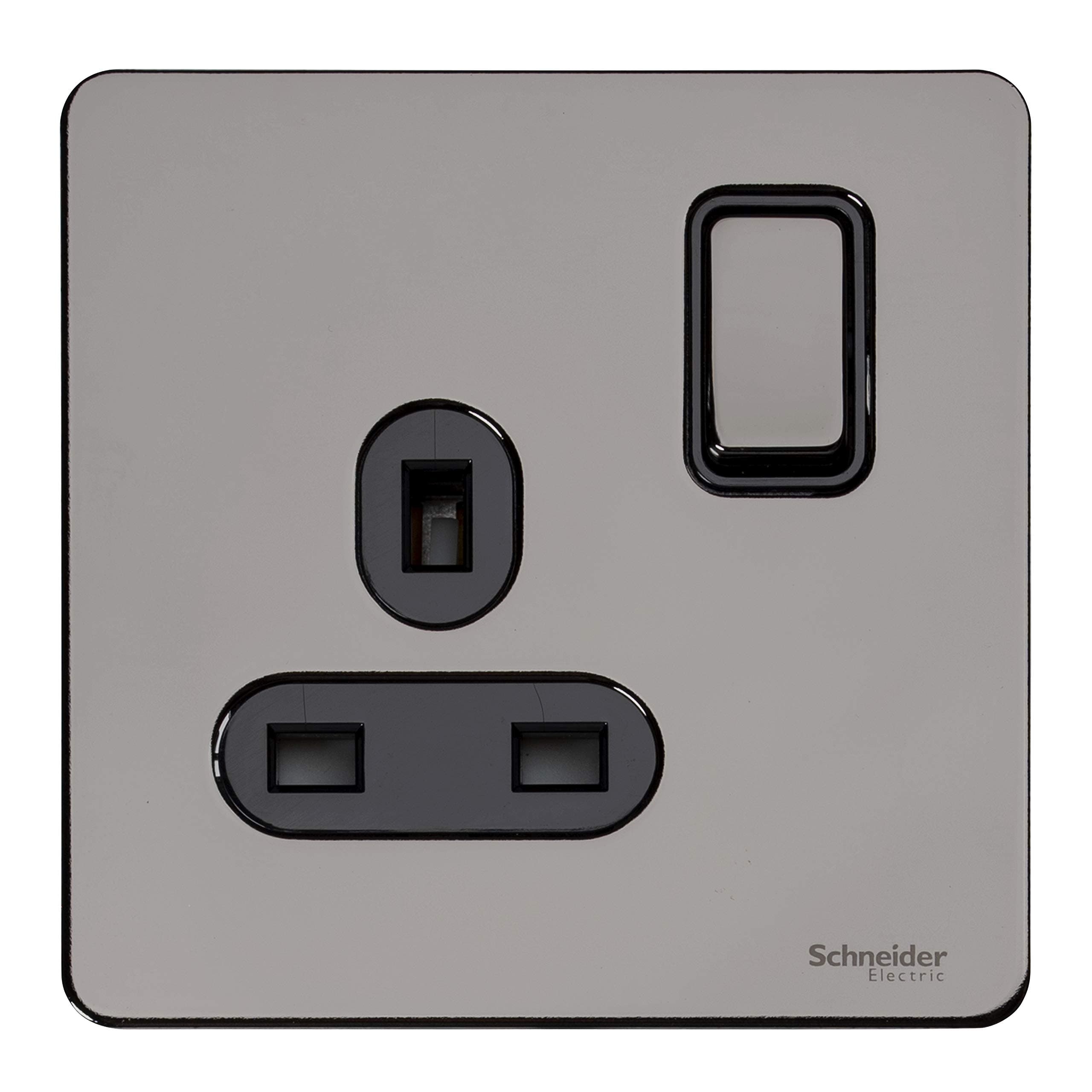 Schneider Electric Ultimate Screwless Flat Plate - Switched Single Power Socket, Single Pole, 13A, GU3410BBN, Black Nickel With Black Insert