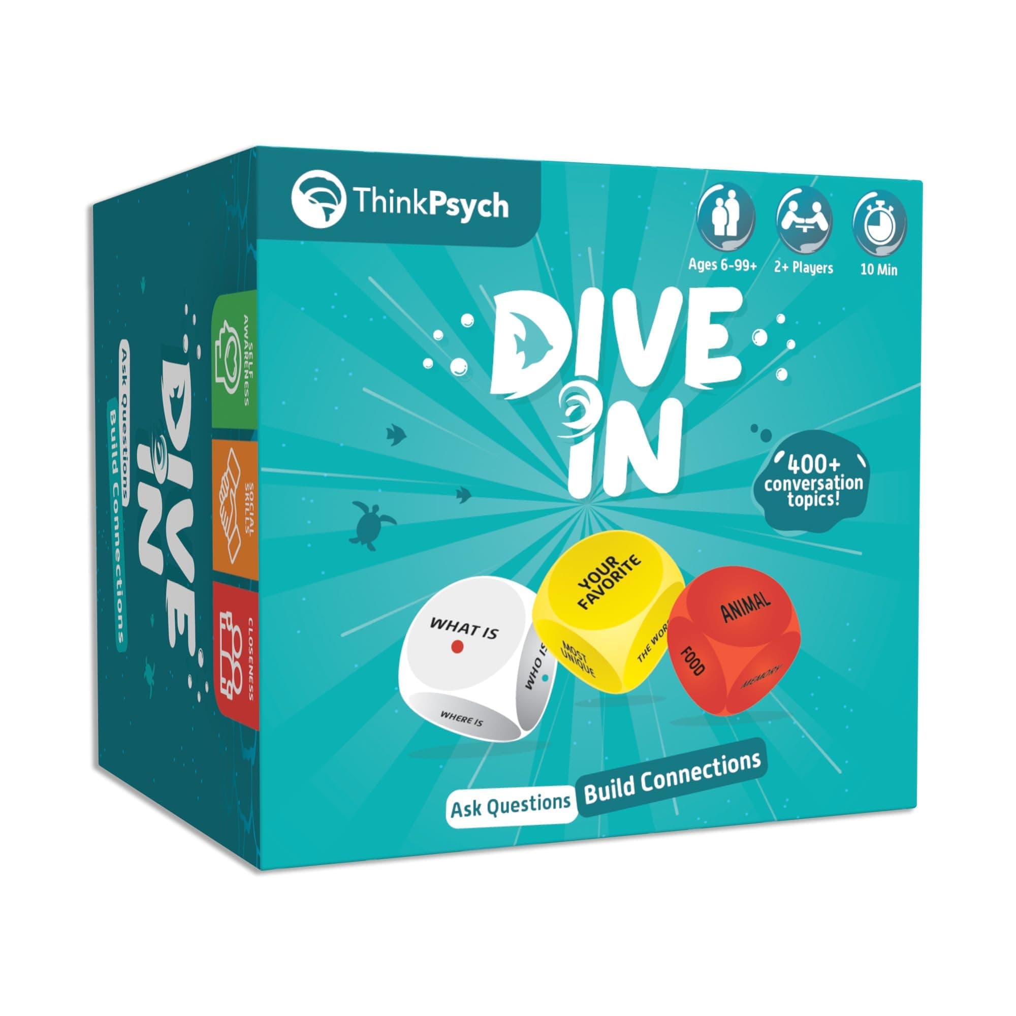 ThinkPsych Dive in - SEL Conversation Dice Game with 400+ Topics | Therapy Games for Kids & Teens | Social Emotional Learning for Home & School | Play Therapy & Counseling Toys | Ages 6-99