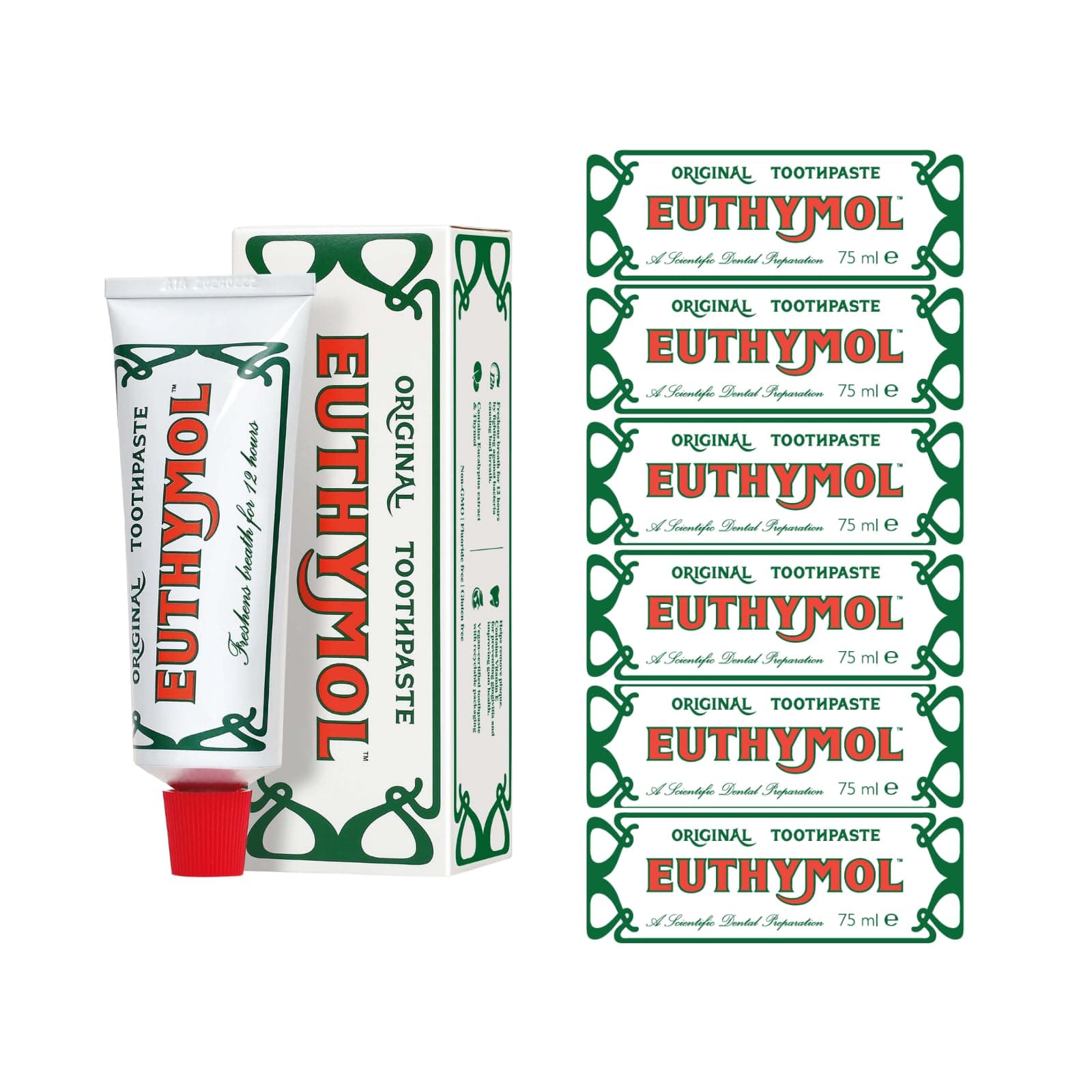 Original Toothpaste 75ml x 6, Fluoride Free Anti-Plaque Antibacterial Cavity Teeth Gums Clean Healthy Protection Refresh Daily Oral Enamel Dental Care