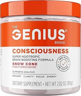 The Genius Brand Genius Consciousness - All-in-One Brain Health Supplement for Clarity - Supports Concentration, Creative Thinking, Energy & Memory - Powered by Nootropics - 15 Servings - Snow Cone