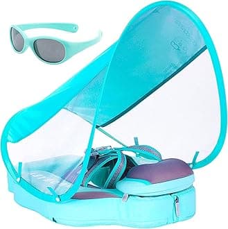 Mambobaby Unique Fold-able Baby Non-Inflatable Swim Float Add Tail Never Flip Over Solid Smart Swim Trainer with Canopy Infant Pool Float Water Proof Skin-Friendly TPU Leather Swim Ring