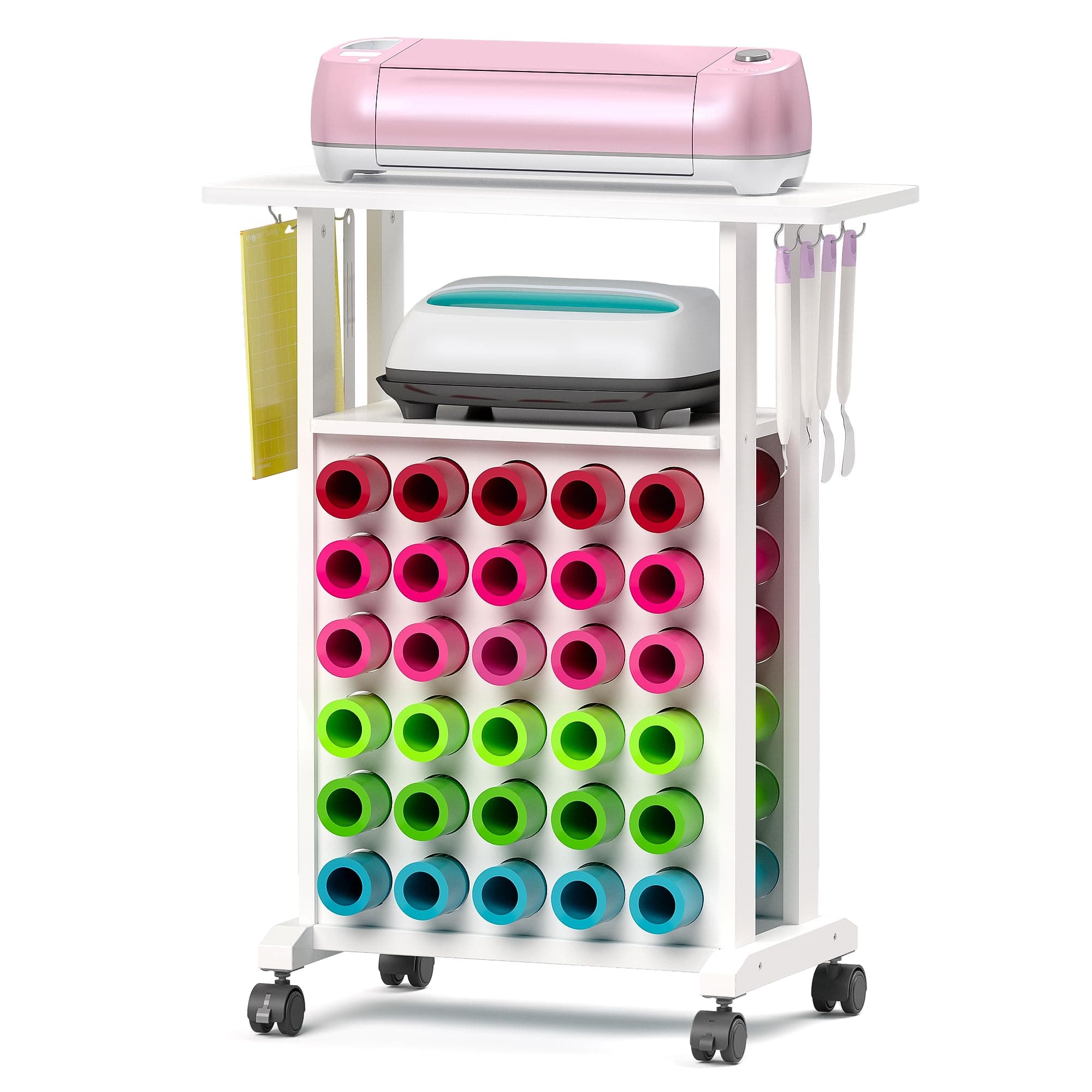 Craft Storage Trolley Compatible with Cricut Machines, Rolling Craft Table with 30 Vinyl Roll Holders, Crafting Cart Organization Workstation for Craft Room Home - Compact Removable