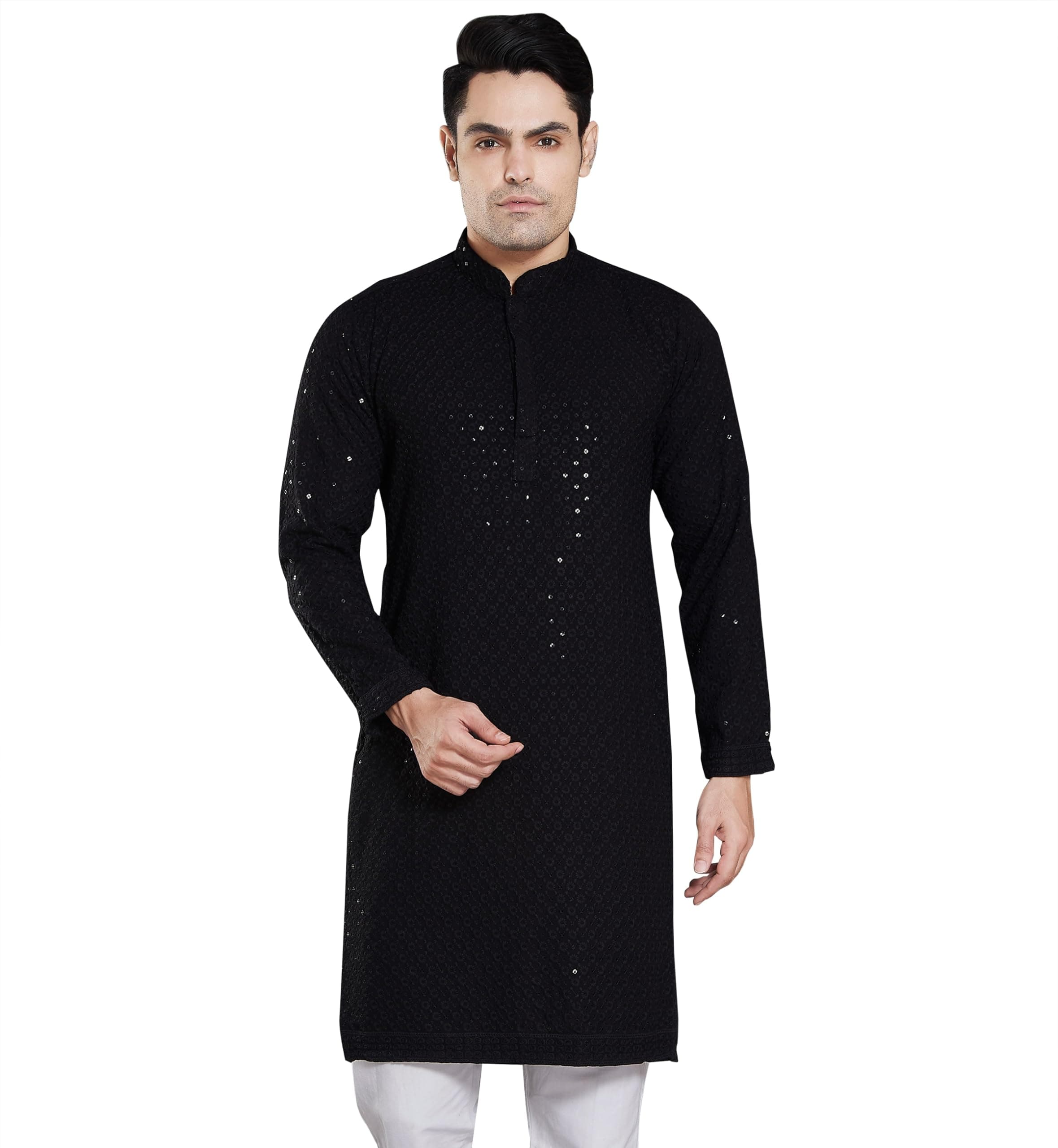 Mens Cotton Blend Embroidered Sequin Kurta Slim Fit