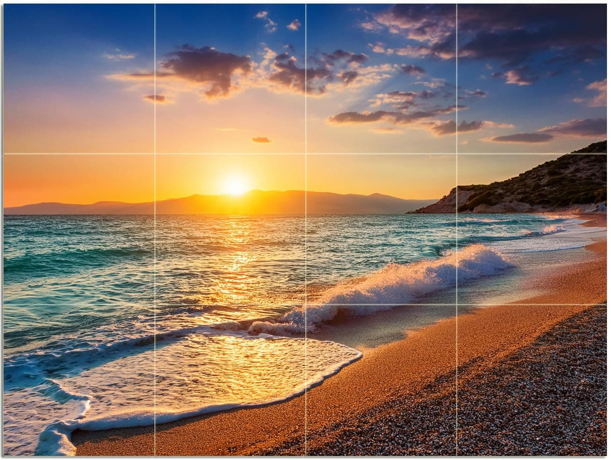FlekmanArt Tile Mural Sunset Sea Beach Sand Sky Pattern A569 Kitchen Bathroom Shower Wall Backsplash Splashback 4x3 6"" Ceramic, Glossy