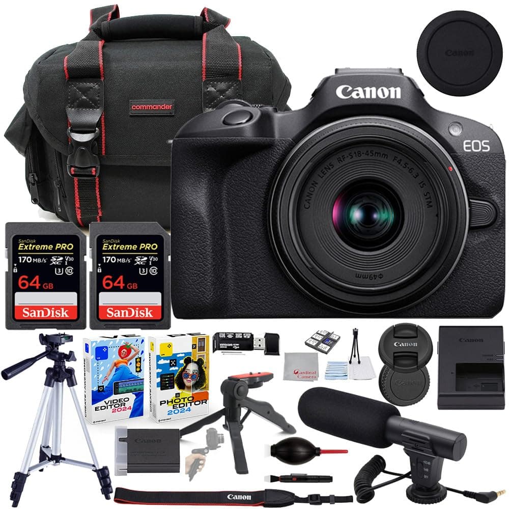 Canon EOS R100 Mirrorless Camera with 18-45mm Lens Bundle with Commander Gear Bag + Microphone + 2X 64GB Extreme Memory Cards + Accessory Kit