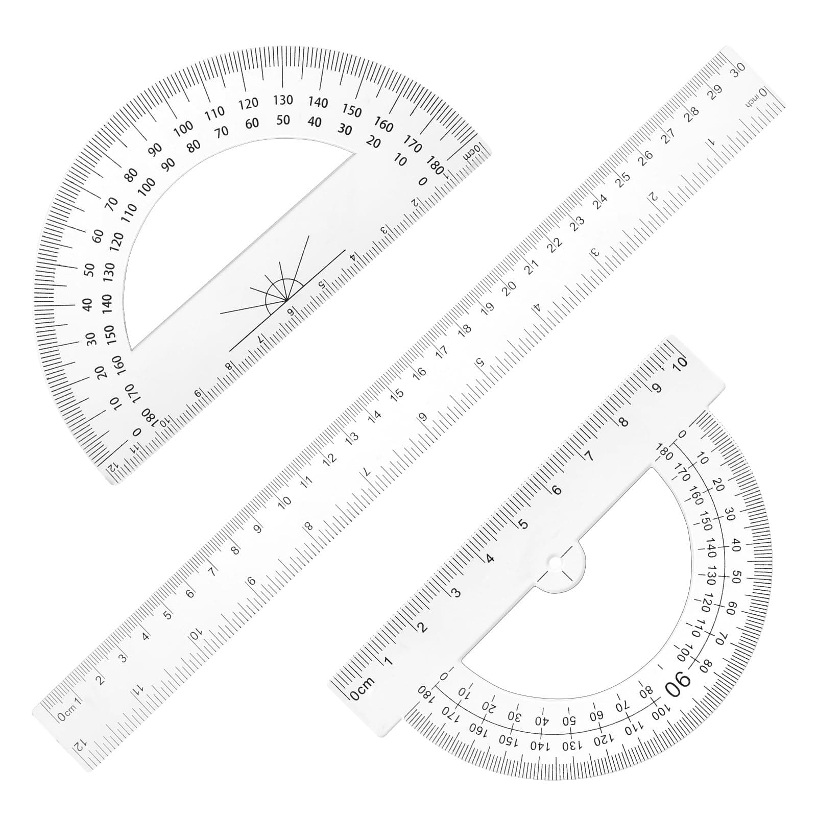 Piriuuo Ruler and Protractor Set - 12 Inch Clear Ruler and Protractor - Modern Plastic Measuring Tool - Injection Molded - 30 cm Length