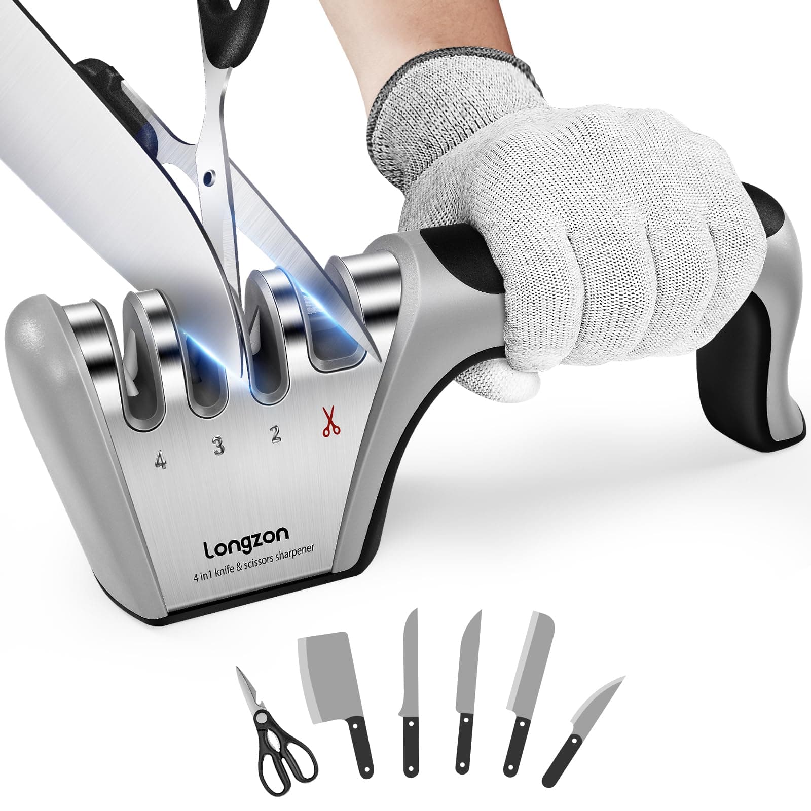 Longzon 5-in-1 Knife Sharpener 4 Stage with Cut-Resistant Glove, Quickly Sharpens & Restores Dull Blades, Easy & Safe for Home Kitchen Use, Fits Most Knives and Scissors, Black+Silver