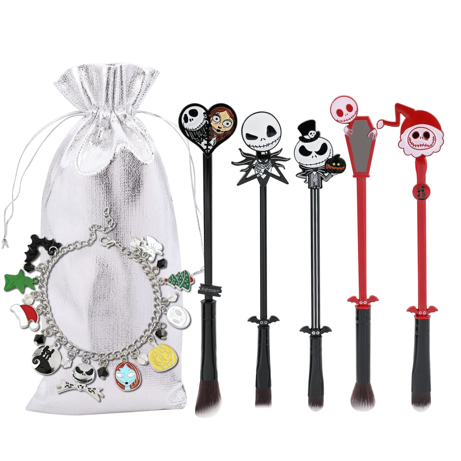 Nightmare Before Christmas Makeup Brushes, 5pcs Corpse Bride Anime Eye Make Up Brush Set with Sally Jack Skellington Charm Bracelet Gift for Women Girls