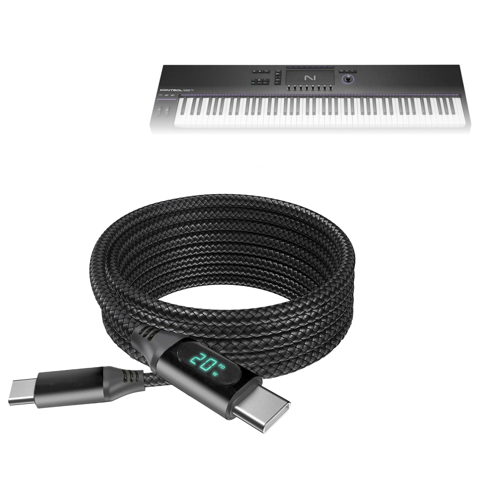 BoxWave Cable Compatible with Native Instruments Kontrol S88 MK3 - PowerDisplay PD Cable (6ft) - USB-C to USB-C (100W), LED Wattage Info Extra Long Braided Nylon - Jet Black