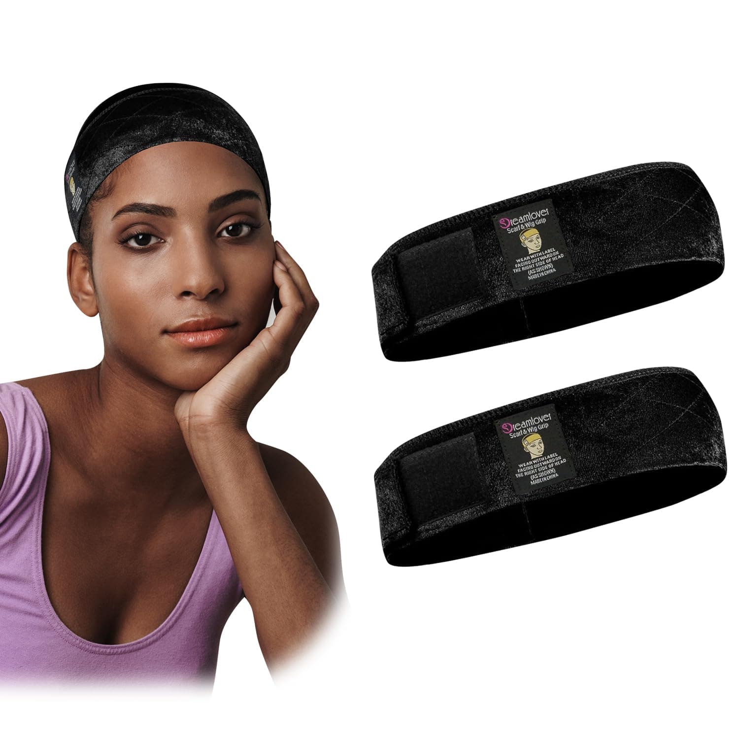Dreamlover 2 Pack Elastic Wig Grip Headband, Adjustable Thin Velour Wig Scarf Hat Grip Band, Black