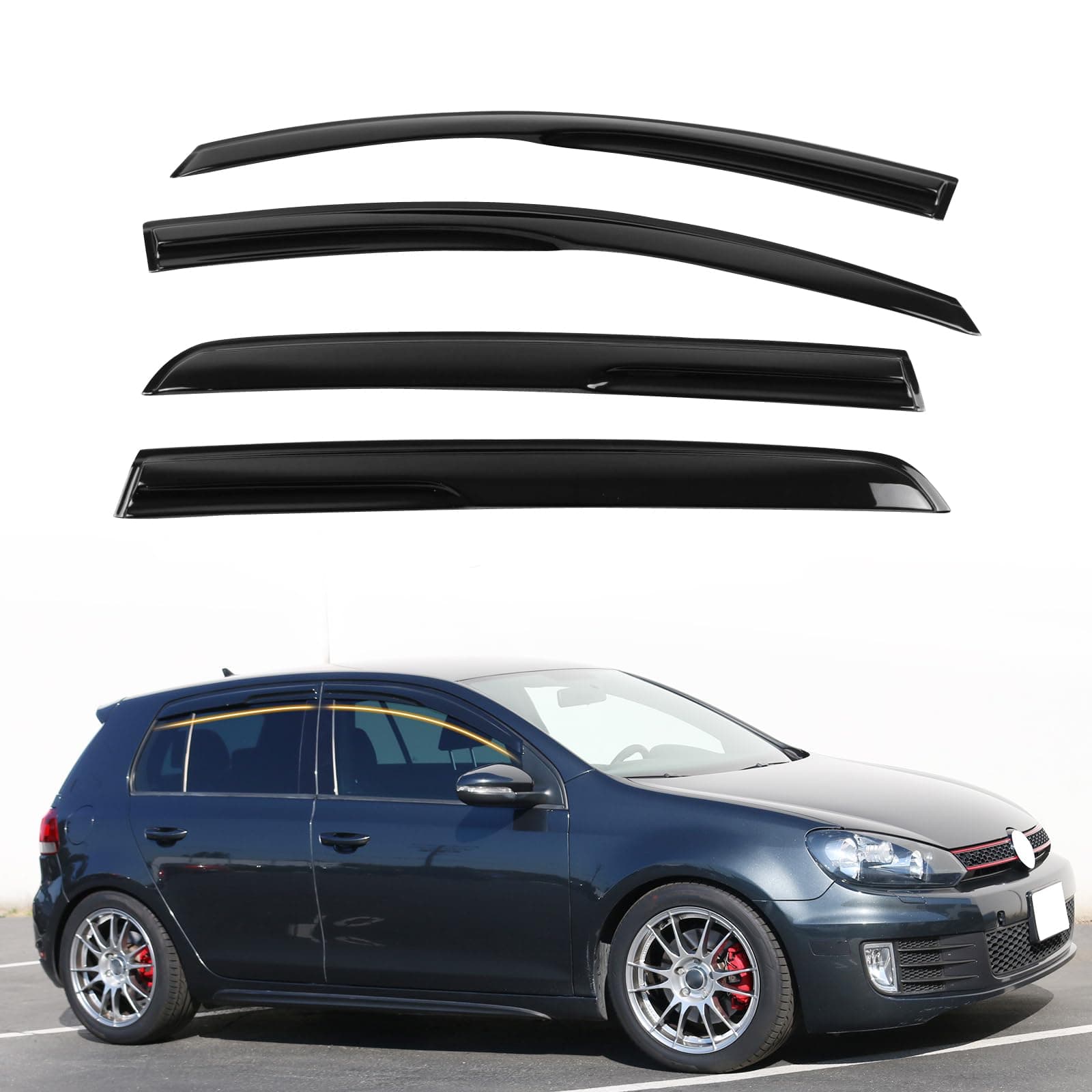 Tape on Window Visor Deflectors, Compatible with 2010-2014 VW Golf MK6 GTI, Acrylic Smoke Tinted Mug Style Window Rain Guards, Sun Wind Side Vent Visor Set, 4 Pieces