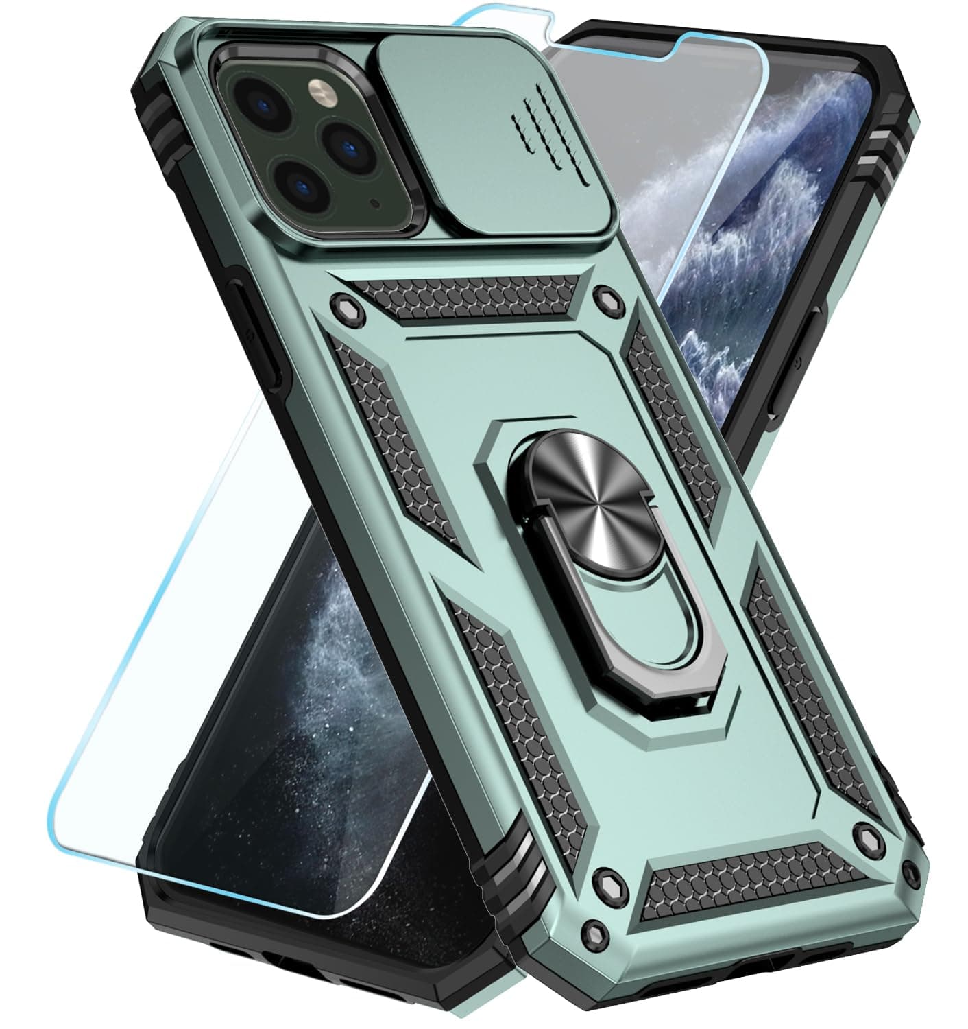 SunStoryCompatible with iPhone 11 Pro Max Case with HD Screen Protector & Slide Camera Cover & Rotated Ring Kickstand, [Military-Grade] Phone Case for iPhone 11 Pro Max (Green)