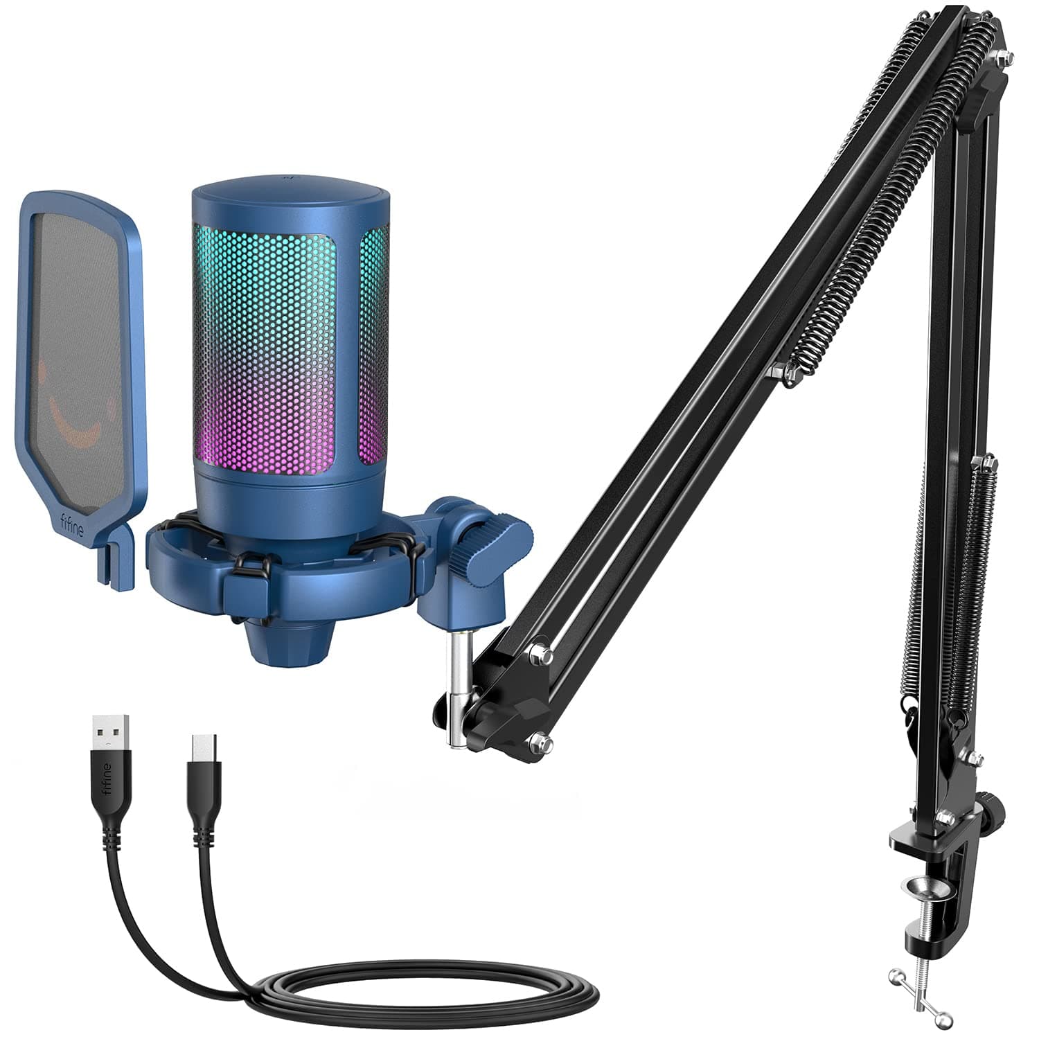 USB Gaming Streaming Recording PC Microphone Kit, RGB Condenser Computer Mic Bundle for Podcasts, Audio, Vocal, Video on Mac/Desktop/Laptop, with Boom Arm Stand-A6T Blue