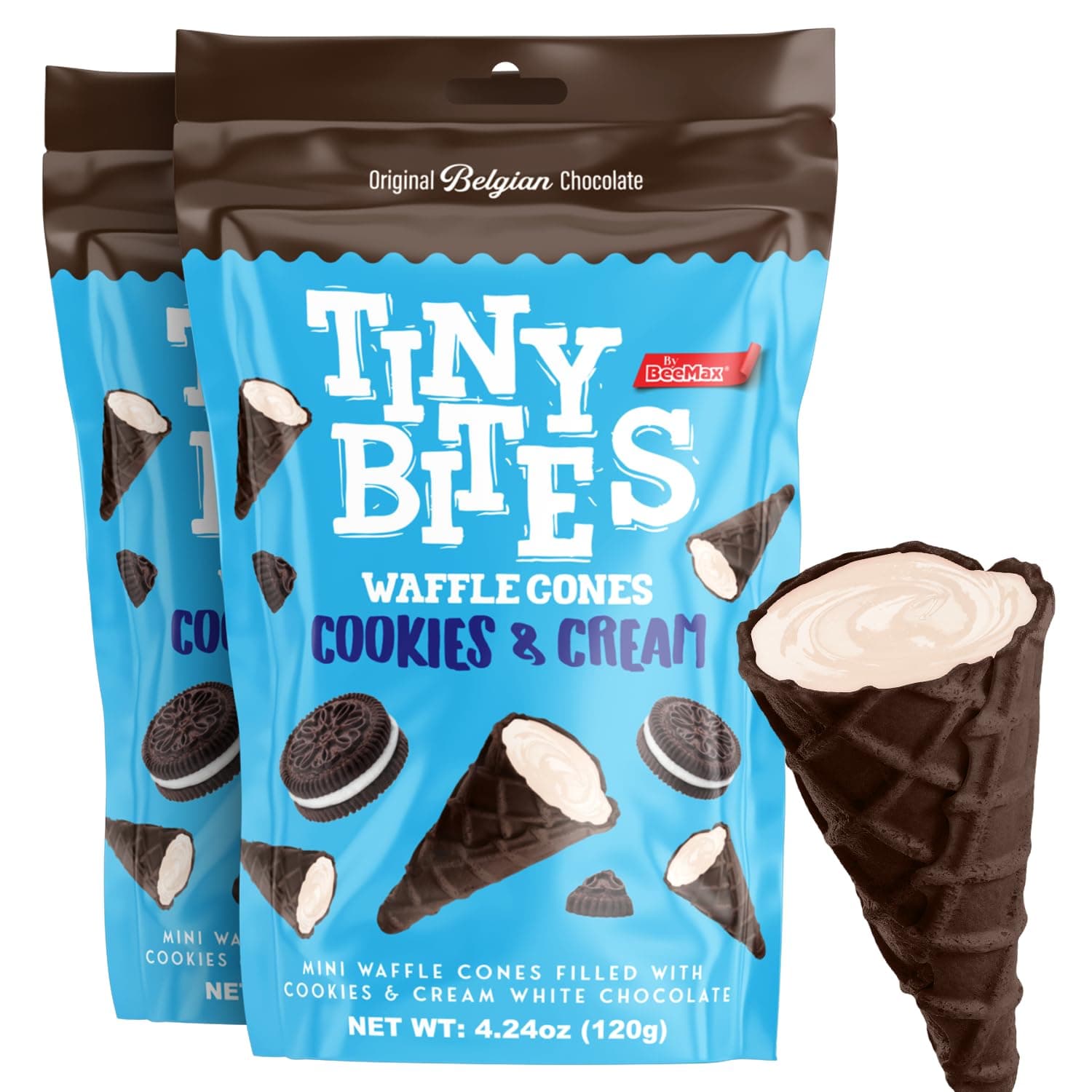 Tiny Bites Cookies & Cream Mini Waffle Cones - 4.24oz Bag (Pack of 2) - Perfect Blend of Crispy Golden Waffle Cones & Belgian Chocolate Bliss - Bite-Size Snack for Dessert or Ice Cream Toppings