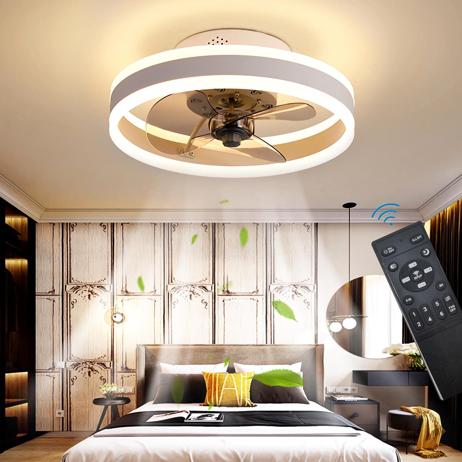 LED Ceiling Fans with Lights Reversible Remote, 6 Speeds Modern Bedroom Fan Ceiling Light Quiet Dimmable Small Ceiling Fan Light for Living Room, White 40CM