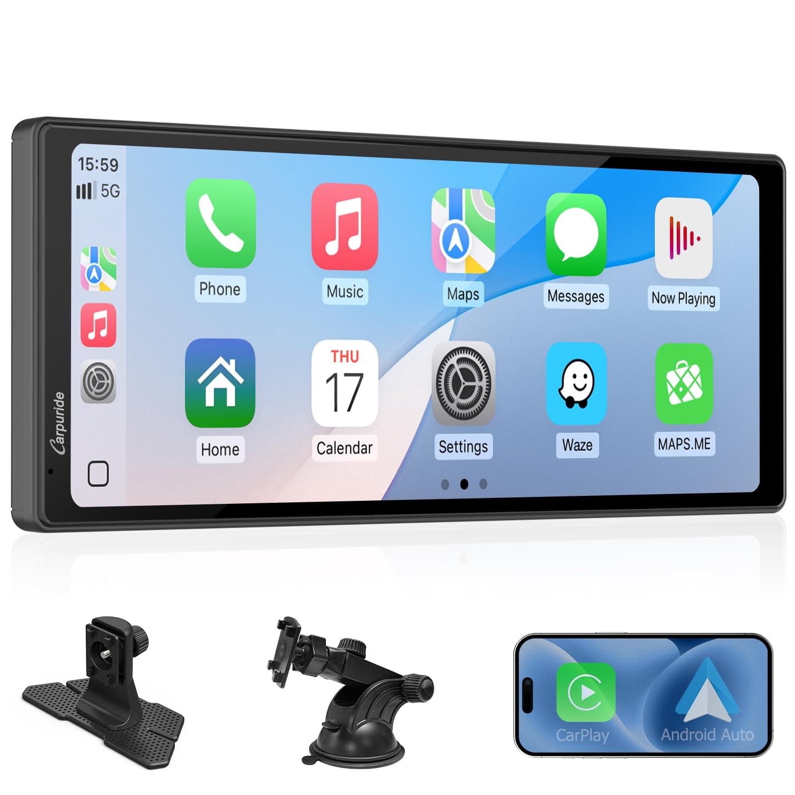 10.26 Inch Wireless/Wired Apple CarPlay, Android Auto and Mirror Link - 1600 * 600 IPS Touch Screen Portable Car Stereo, Bluetooth Audio, Siri, Navigation Car Screen for All Vehicles