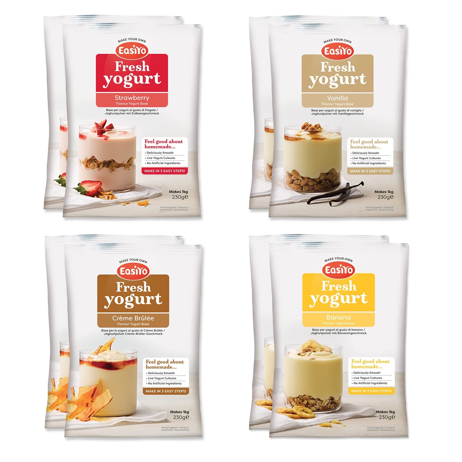 EasiYo Yogurt 8 Sachet Pack | EasiYo Everyday Mixed Pack | 2 x Banana 2 x Strawberry 2 x Crème Brûlée 2 x Vanilla | Each Sachet Makes 1kg of Yogurt