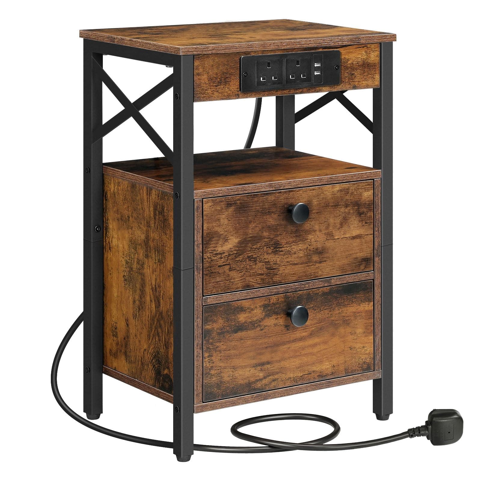 Wooden Bedside Table with Charging Station, X-shaped Side Table with 2 Wooden Drawers, Nightstand with 2 USB Ports and 2 AC Outlets, 38 x 28 x 60 cm, Rustic Brown EBF138KBZ01