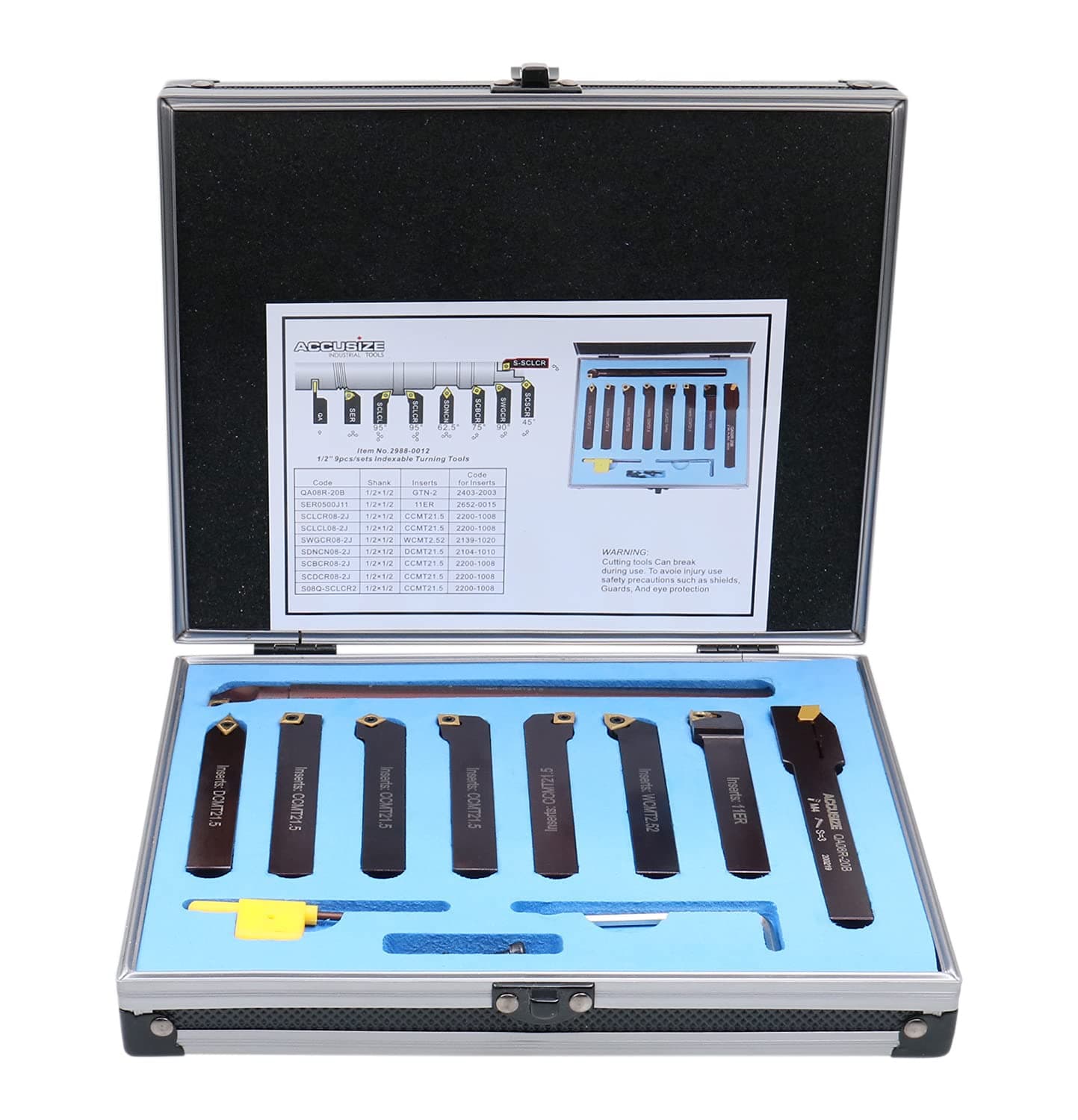 Accusize Industrial Tools 1/2" 9 Pieces/Set, Indexable Carbide Turning Tools and Boring Bar, 2988-0012