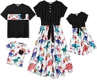 PATPAT Family Matching Outfits Short Sleeve Mommy and Me Outfits Belted Dresses and Casual T-Shirts Matching Sets