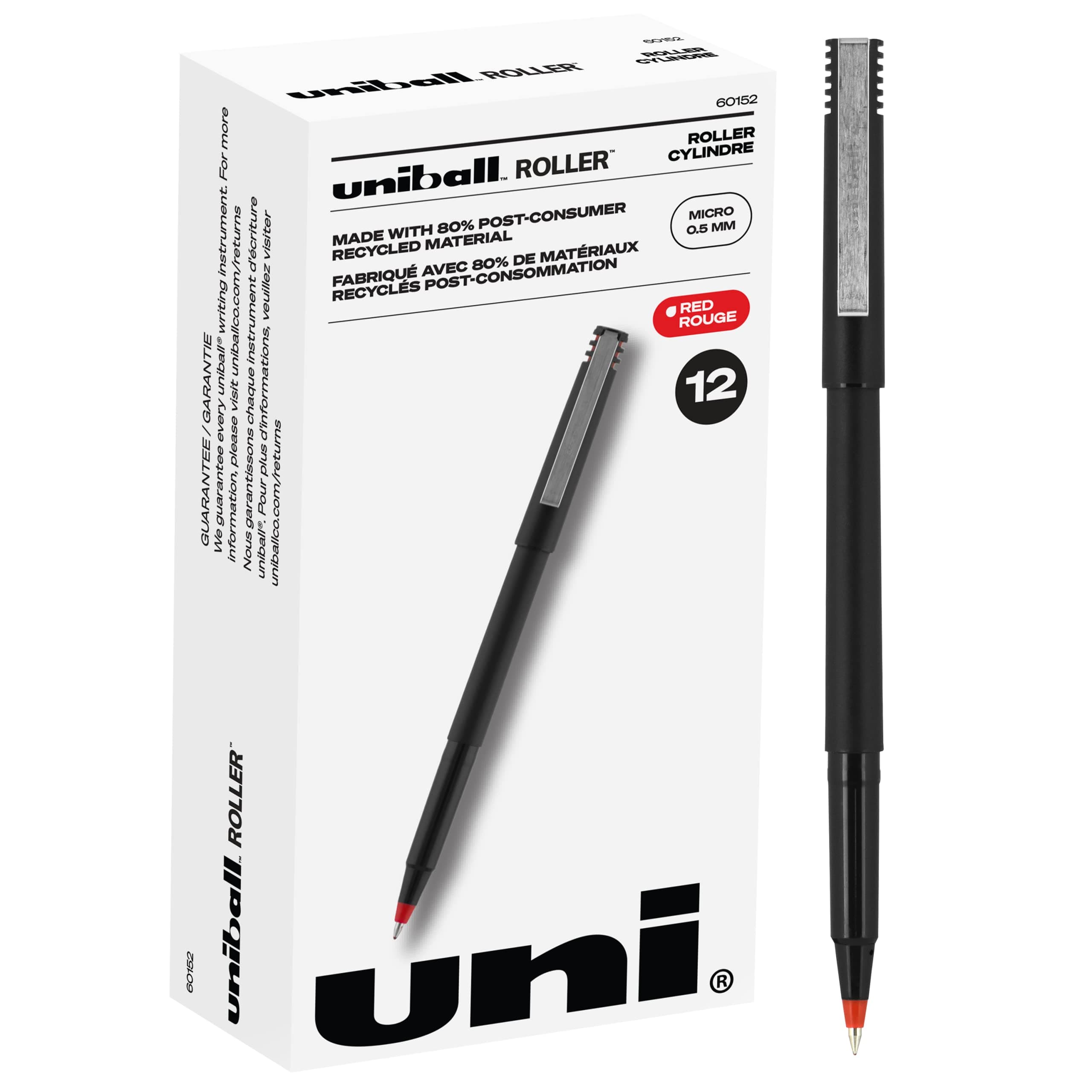 Uni-Ball Roller Stick Pens, Micro Point, Red Ink, 12-Count