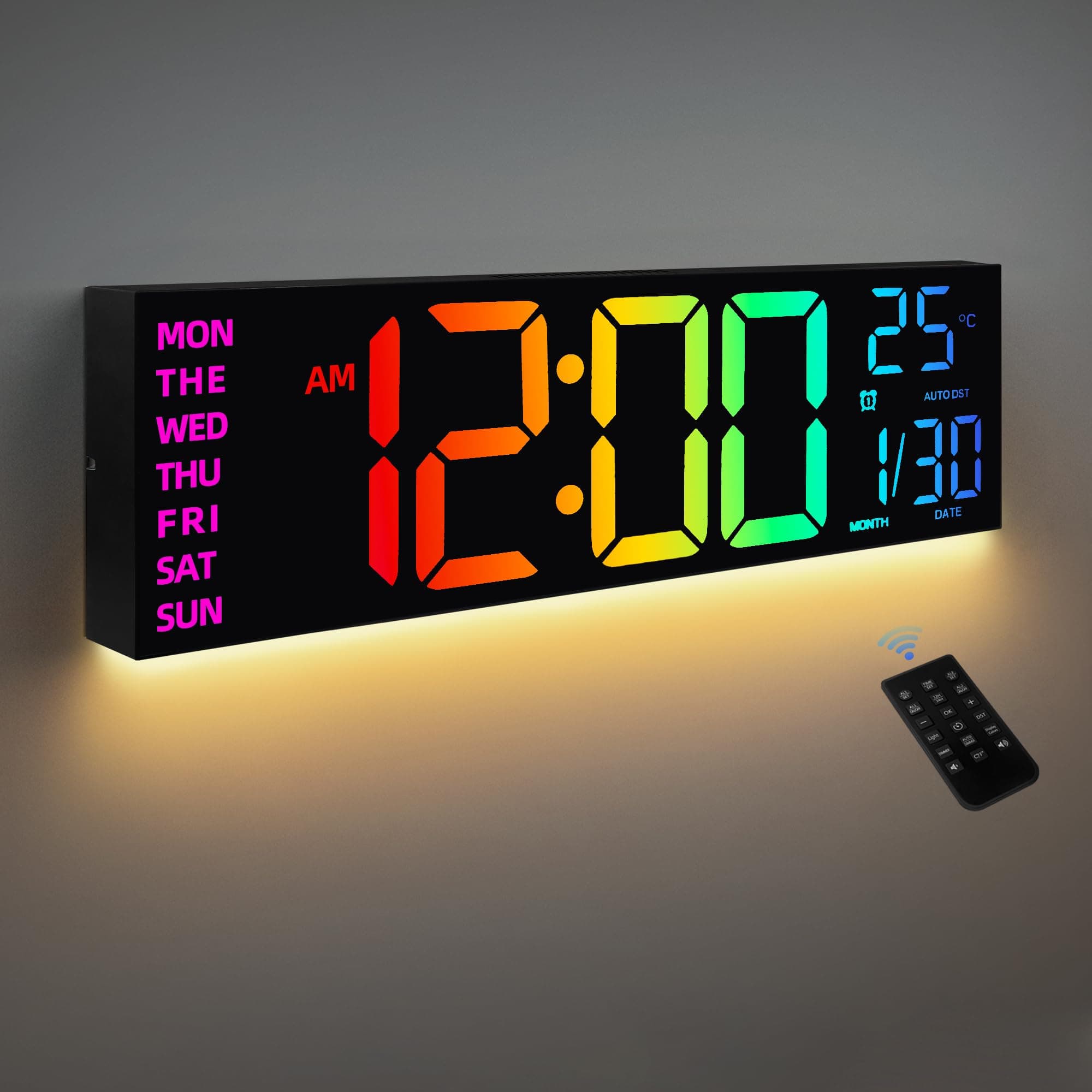 8 Colors Digital Wall Clock, 16.2" Large Digital Clock with Temperature, Date, Auto DST, Night Light, Auto Brightness Dimmer, 24/12-hour Wall Clock for Living Room Office Gym Decor