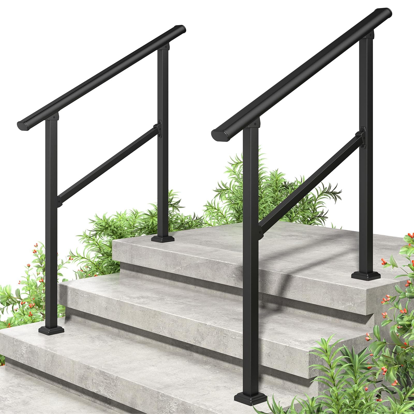 ROOMTEC 2 Pack 3 Step Handrails for Outdoor Steps, Safety Outdoor Handrails for Exterior Steps, Black Stair Railing Kit (2-3 Steps Handrail)