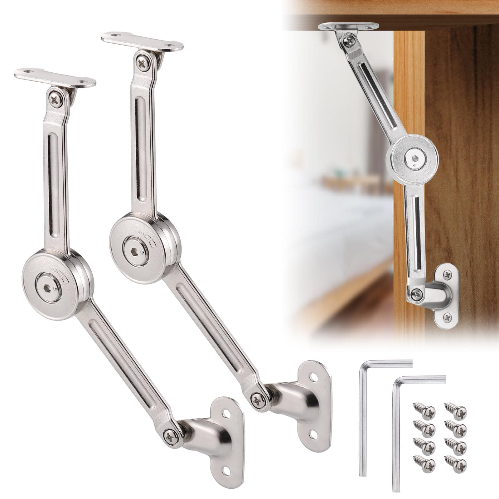 JIZZU 2Pcs Soft Close Lid Support Hinges with Screws & Hex Key, Satin Nickel Drop Down Hinges Support 40lb, Folding Lid Stay Hinges for Kitchen Door Cabinet Cupboard Wardrobe Toy Box Lift Up Stay