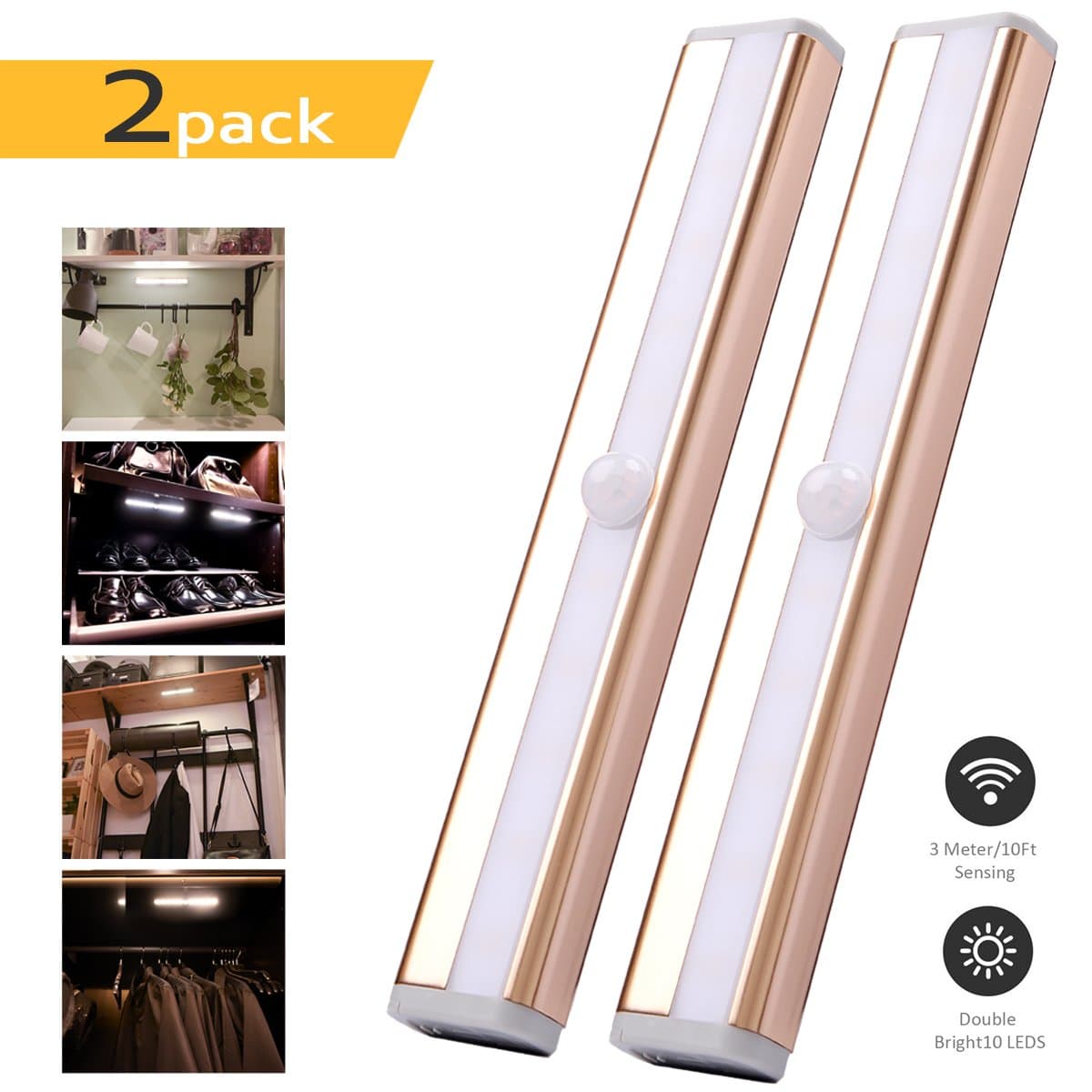 Closet Light Cupboard Motion Sensor Cabinet Counter Stairs Lighting Drawer Wireless Sensing Lights Safe Magnetic 10 LED 2 Pack Stick-on Anywhere Warm White(Battery Operated)