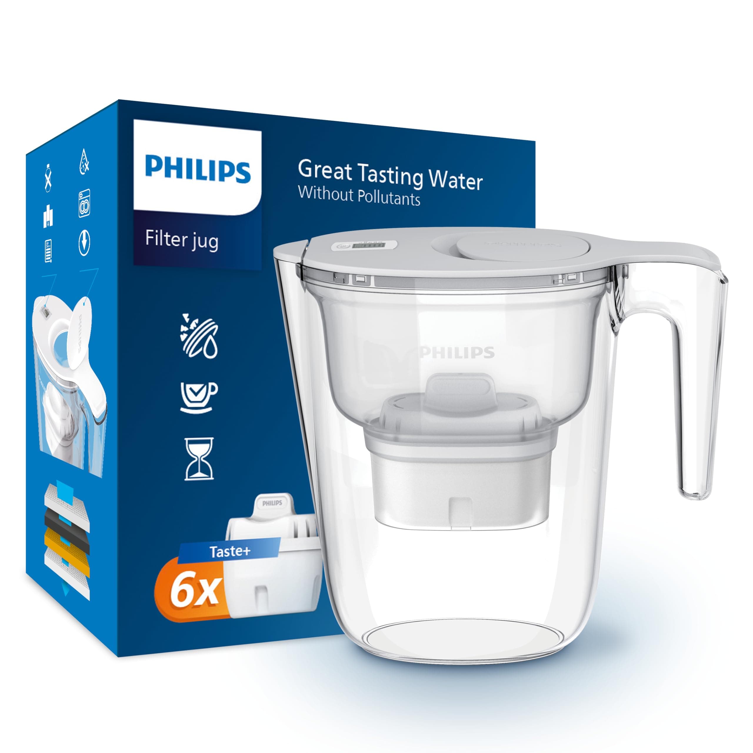 Philips Water Filter Jug +6 Taste+ Replacement Filter Cartridges, Fast flow, White, 2.6 litres, Electronic timer