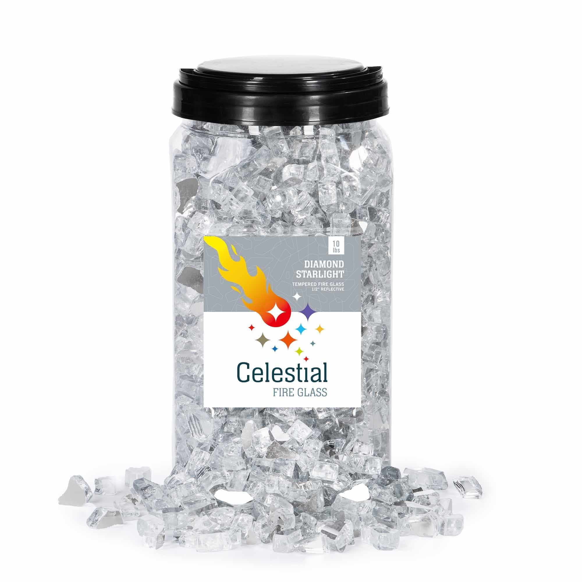 Celestial Fire Glass High Luster, 1/2" Reflective Tempered Fire Glass in Diamond Starlight, 10 Pound Jar