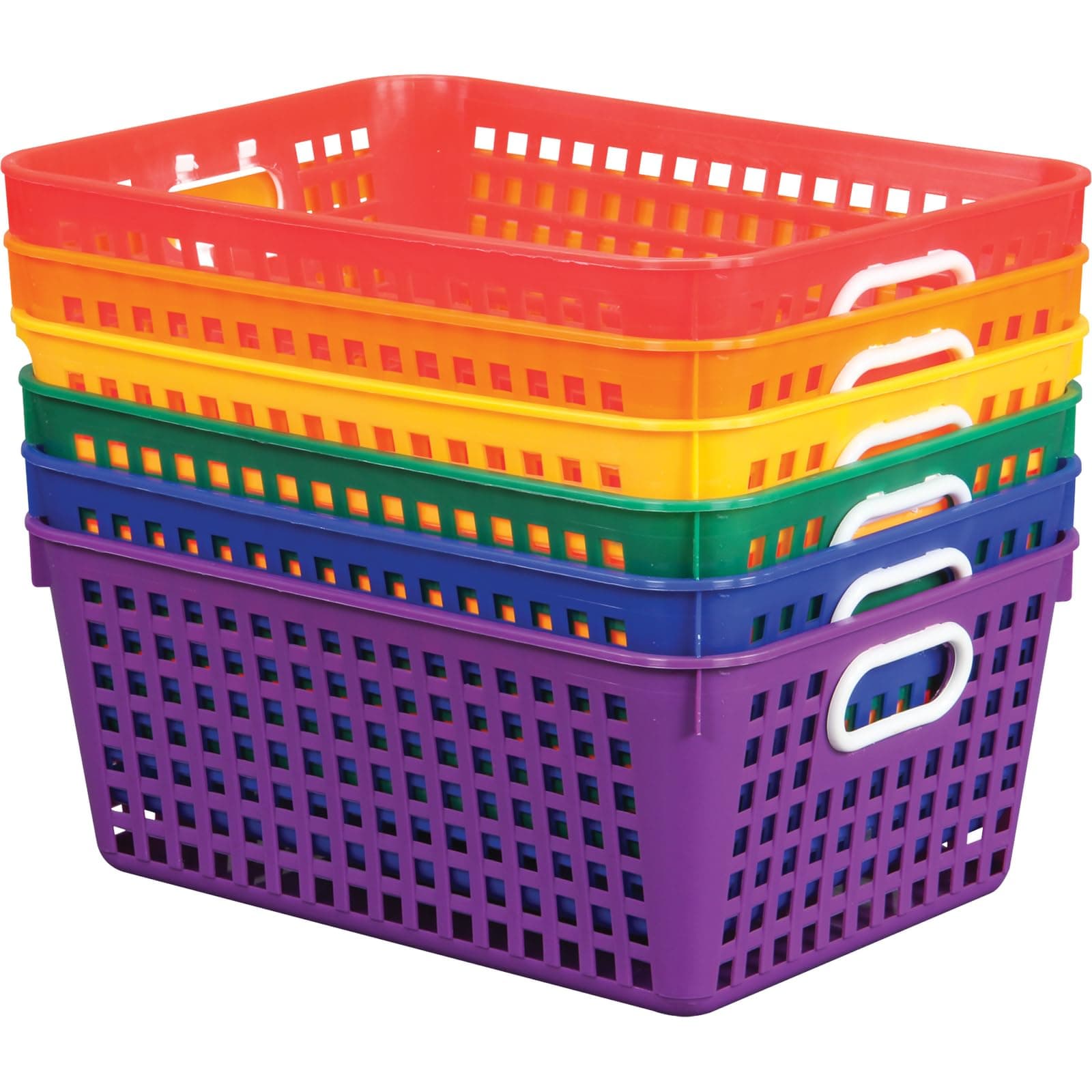 Plastic Storage Baskets with Handles, Bins for Books & Supplies, Organize Classroom & Home, 13” x 10”, Rainbow Colors 6 pk