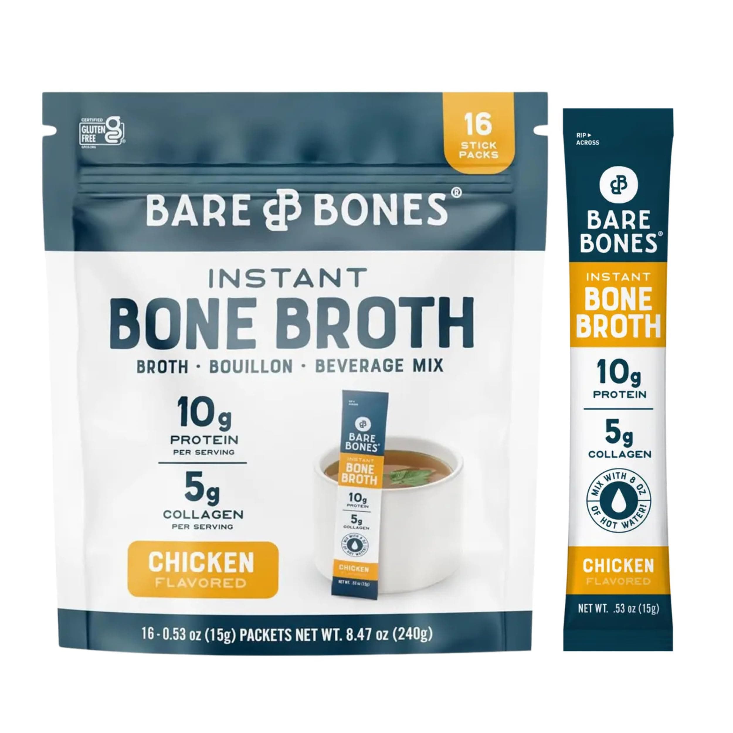 Bare Bones Bone Broth Instant Powdered Beverage Mix, Chicken, Pack of 16, 15g Sticks, 10g Protein, Keto & Paleo Friendly