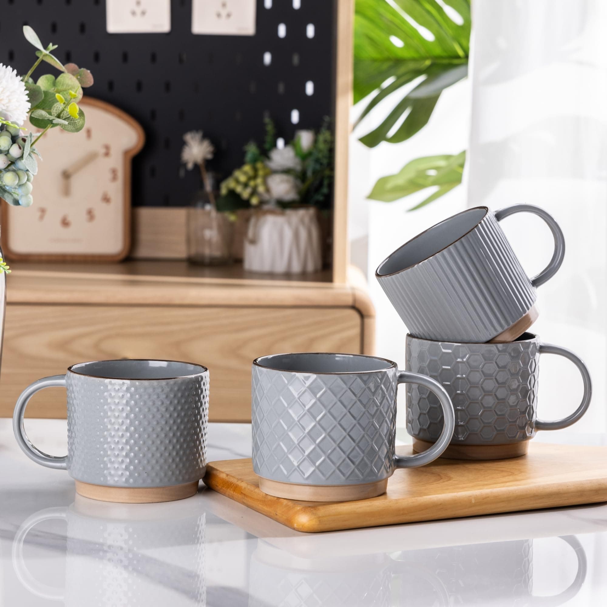 GBhome 15OZ Stackable Coffee Mugs, Ceramic Coffee Mugs with Texture Patterns for Man,Woman,Dad,Mom, Modern Coffee Cups Set of 4 for Latte/Cappuccino/Cocoa. Dishwasher&Microwave Safe, Gray