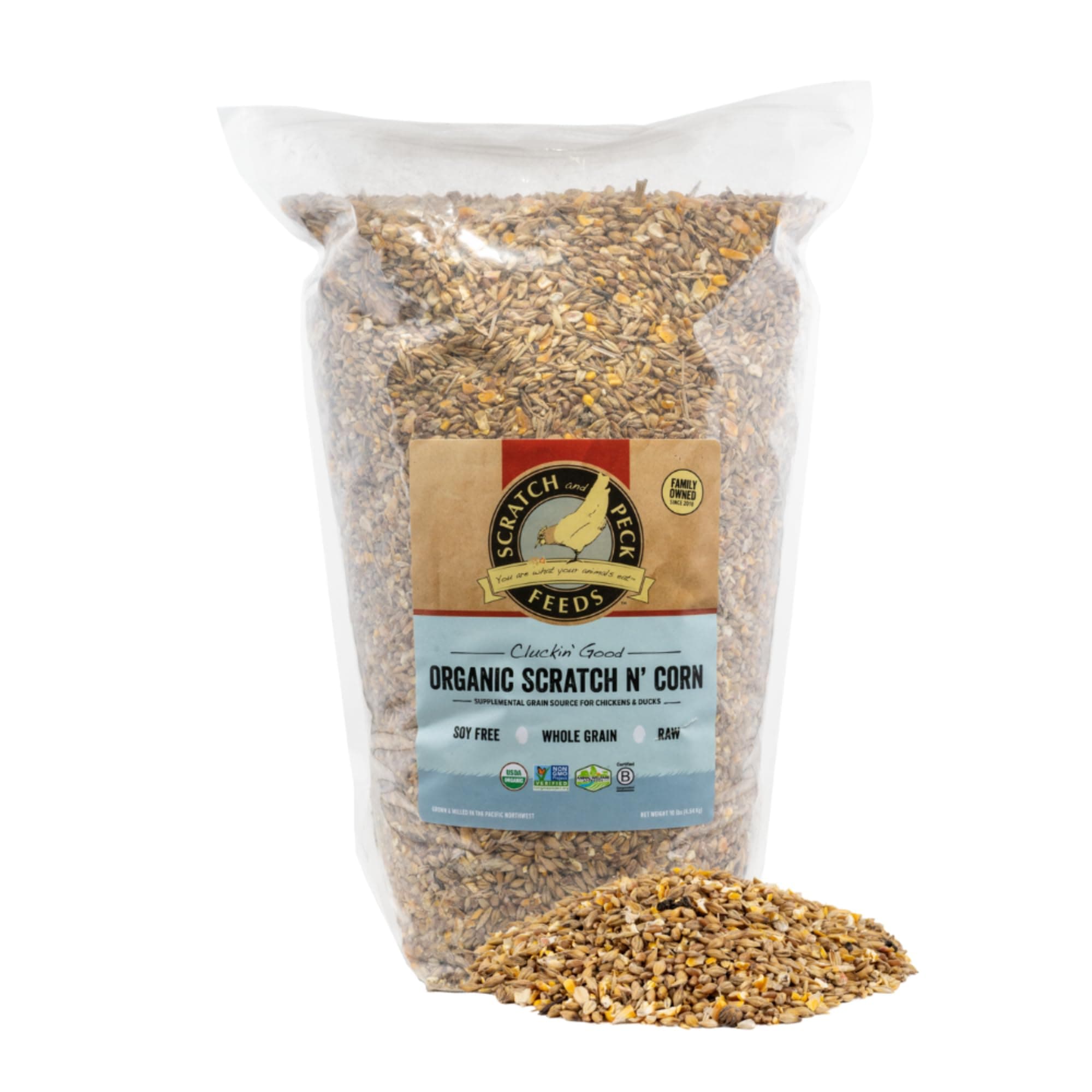 Scratch and Peck Whole Grain Scratch + Corn Chicken and Duck Supplemental Grain - 10 lbs Bag - Soy-Free - 9% Protein, Certified Organic and Non-GMO Project Verified Chicken FoodUSDA Organic