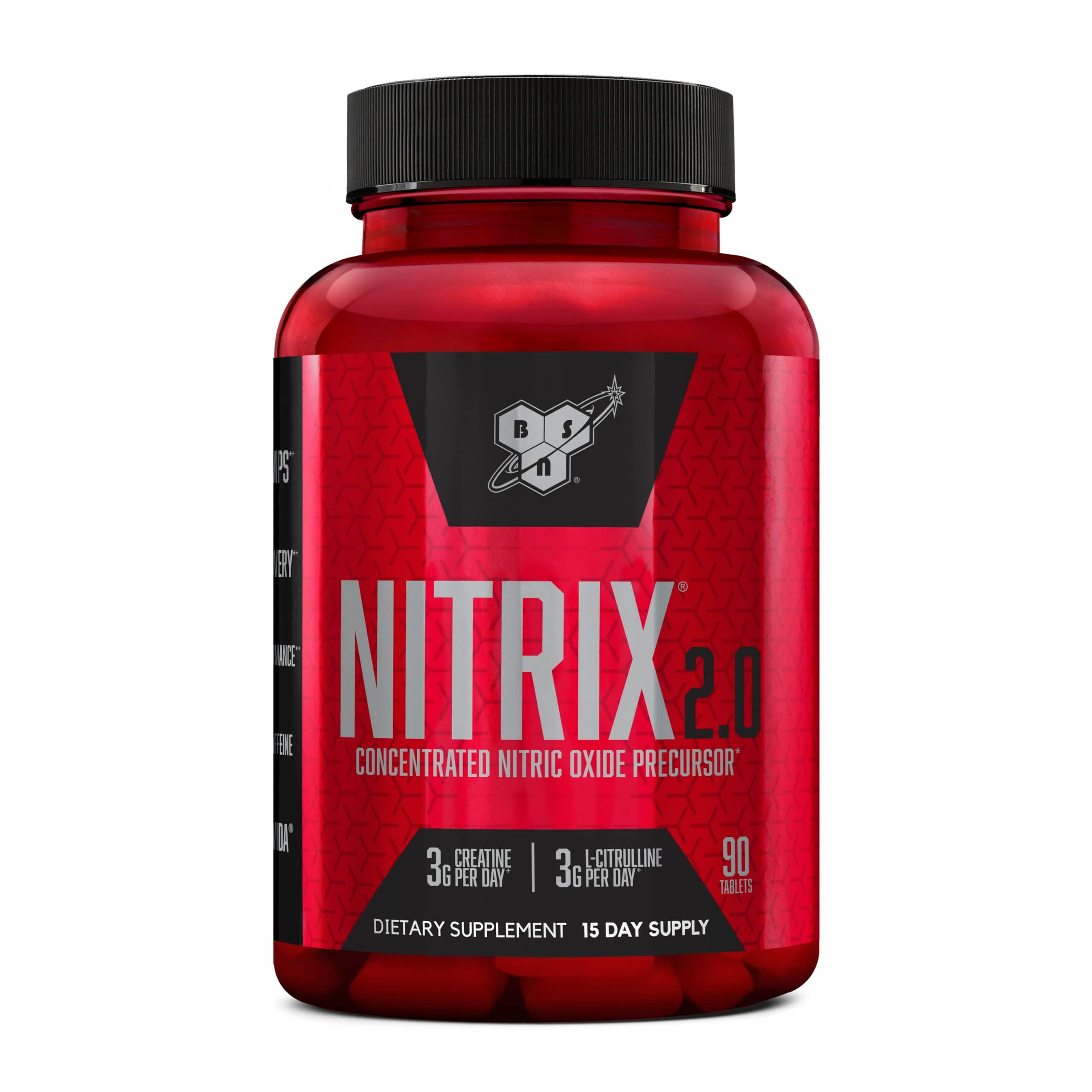 BSN NITRIX 2.0, Workout Supplement, Nitric Oxide Precursors, 3g Creatine, 3g L Citrulline, L-Citrulline, Supports Workout Performance, Pumps, Muscle Recovery and Endurance, 90 Tablets, 30 Servings