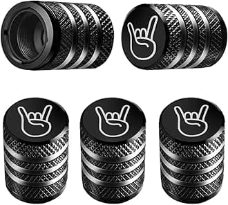 DECURCAR Tire Valve Stem Cap Cover - (5 Pack) Tire Air Cap Metal with Plastic Liner Corrosion Resistant Leak-Proof Rock and Roll for Car Truck Motorcycle Bike Black