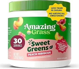 Sweet Greens and Superfoods Powder for Digestive Health, Greens Powder, Digestive Enzymes, Probiotics, Spirulina, Chlorella, Peach Hibiscus, 30 Servings