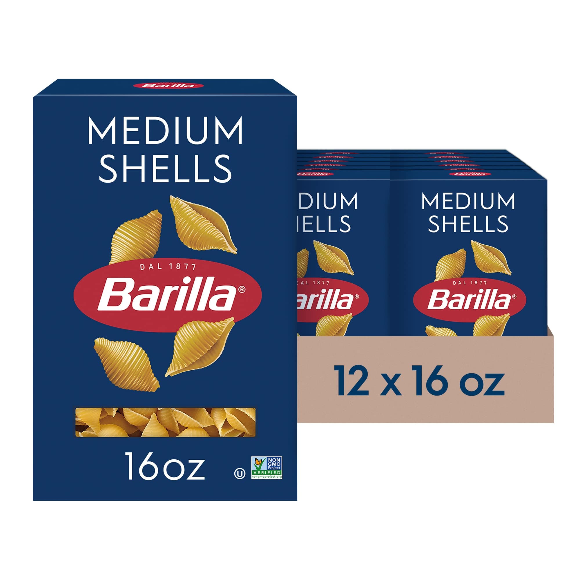 Medium Shells Pasta, 16 oz. Box (Pack of 12) - Non-GMO, Made with Durum Wheat Semolina - Kosher Certified