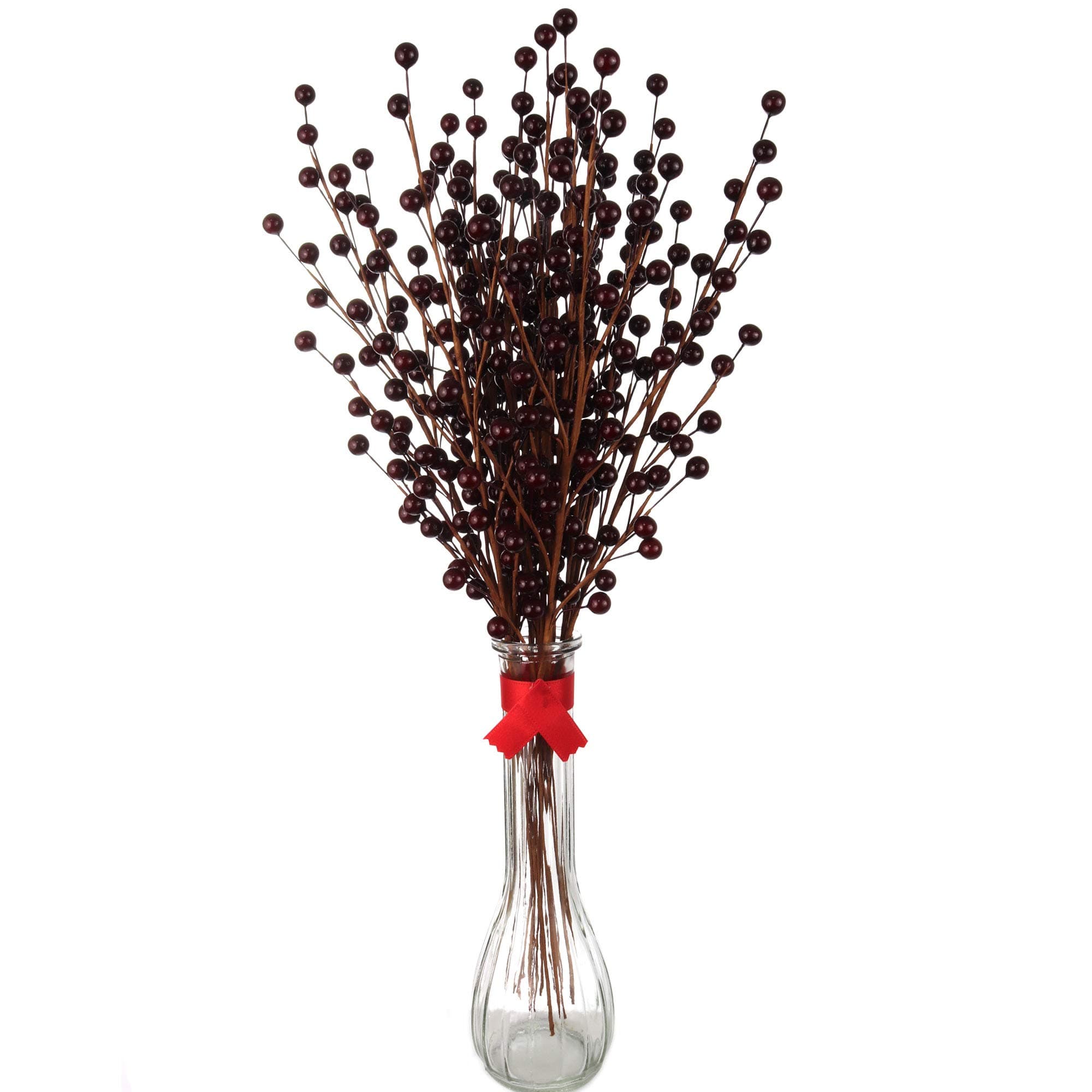 24 Artificial Berry Stem Picks - Decorative Wire Stem Branch Sprays for Christmas Tree Decoration, Holiday Décor, Silk Flower Arrangements, Home DIY Crafts, 35 Berries on each Stem, Burgundy Berries