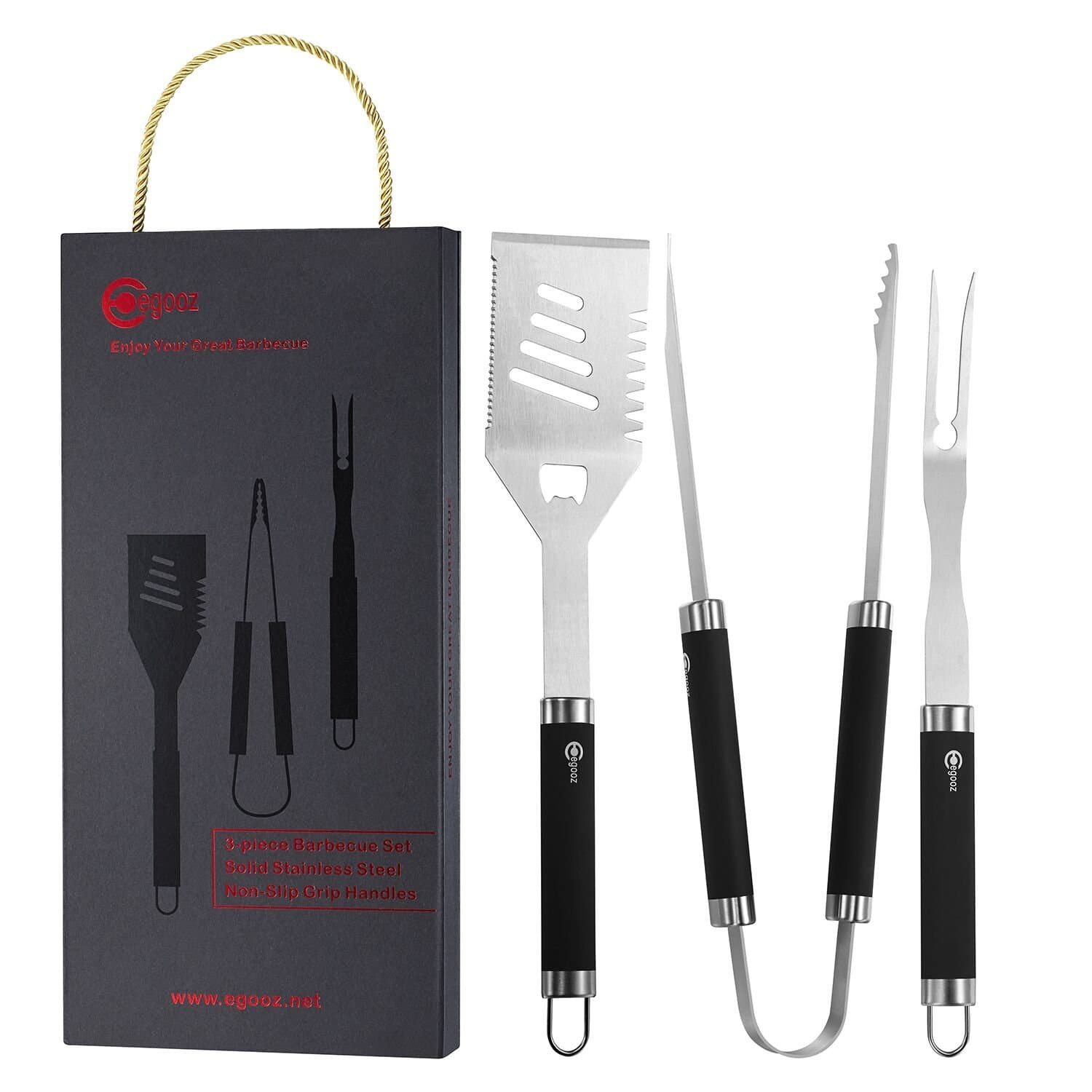 E EGOOZ Grill Tool Set/BBQ Tool Set/Barbecue Tool Set Wonderful Grill BBQ Gift Classic 3-Piece Stainless Steel Barbecue Utensils include Spatula, Tongs and Fork in Gift Box