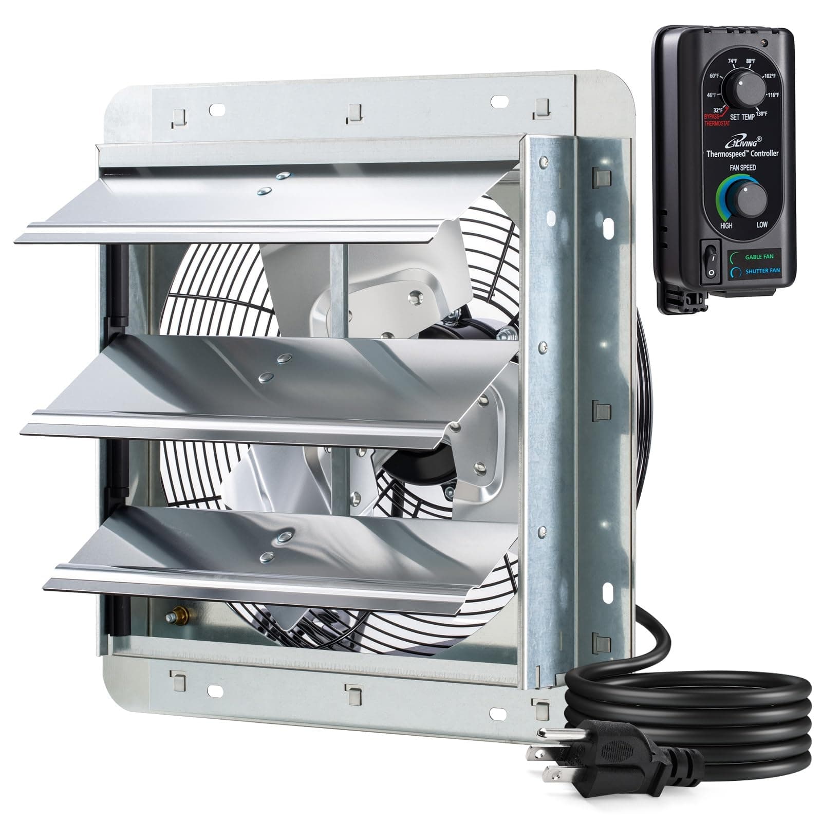 iLIVING 12" Wall-Mounted Shutter Exhaust Fan with Auto Shutter Thermostat and Variable Speed Controller, 0.6A 960CFM 1400SQF Cover Area, Silver (ILG8SF12V-ST)