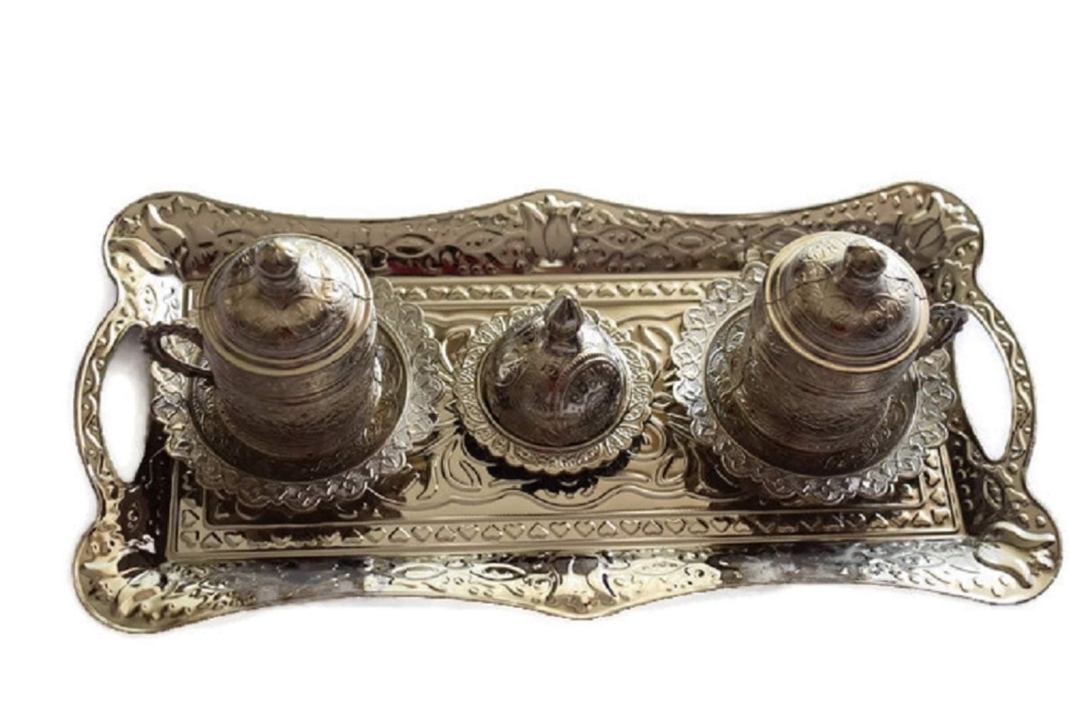 Turkish Coffee Espresso Cups Silver 11-Piece Set for 2 with Saucers and Lids and Sugar Bowl Oriental