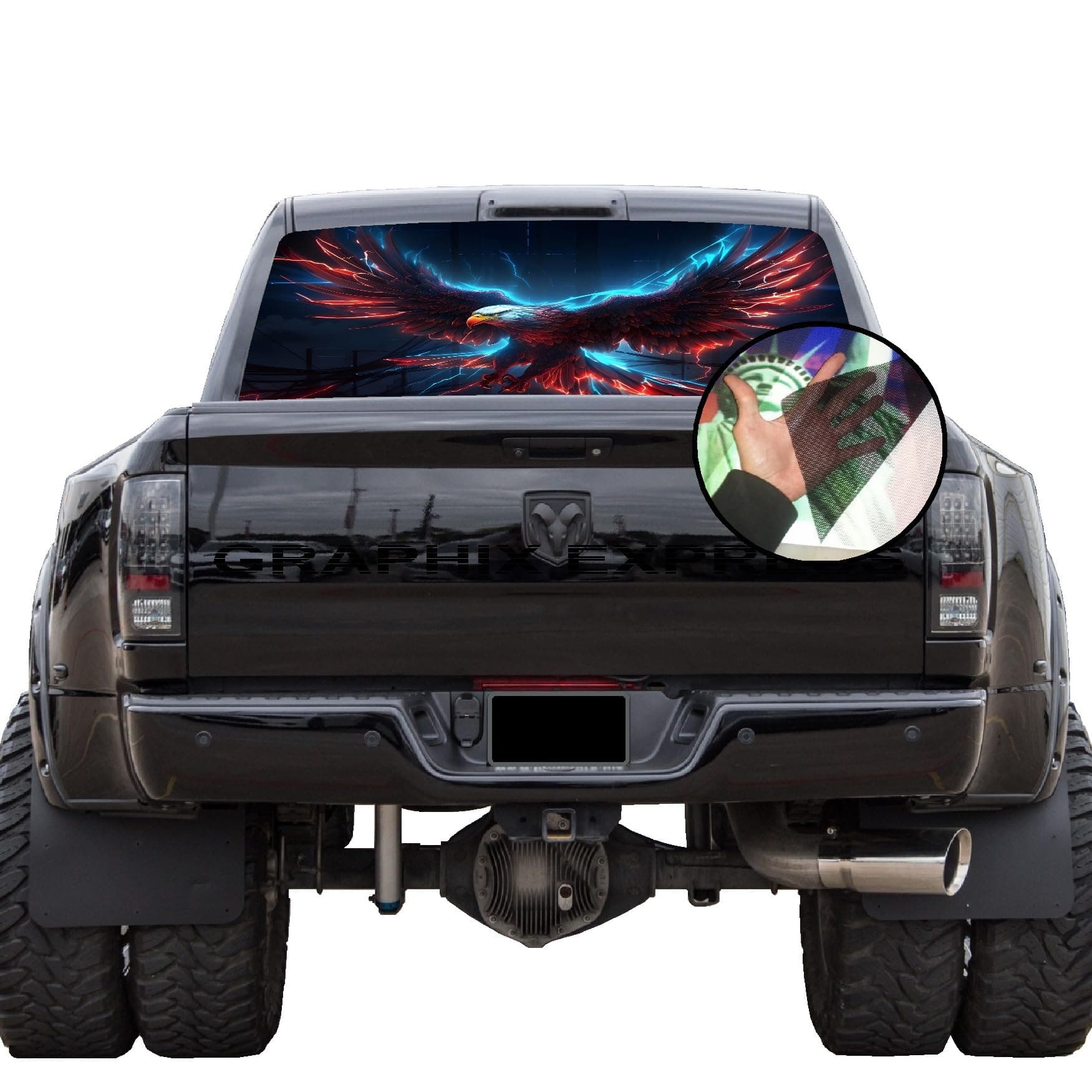GRAPHIX EXPRESS Truck Back Window Graphics (P549 American Flag Eagle) Universal See Through Rear Window Vinyl Wrap - Full Window Decals for Trucks - Truck Window Decals