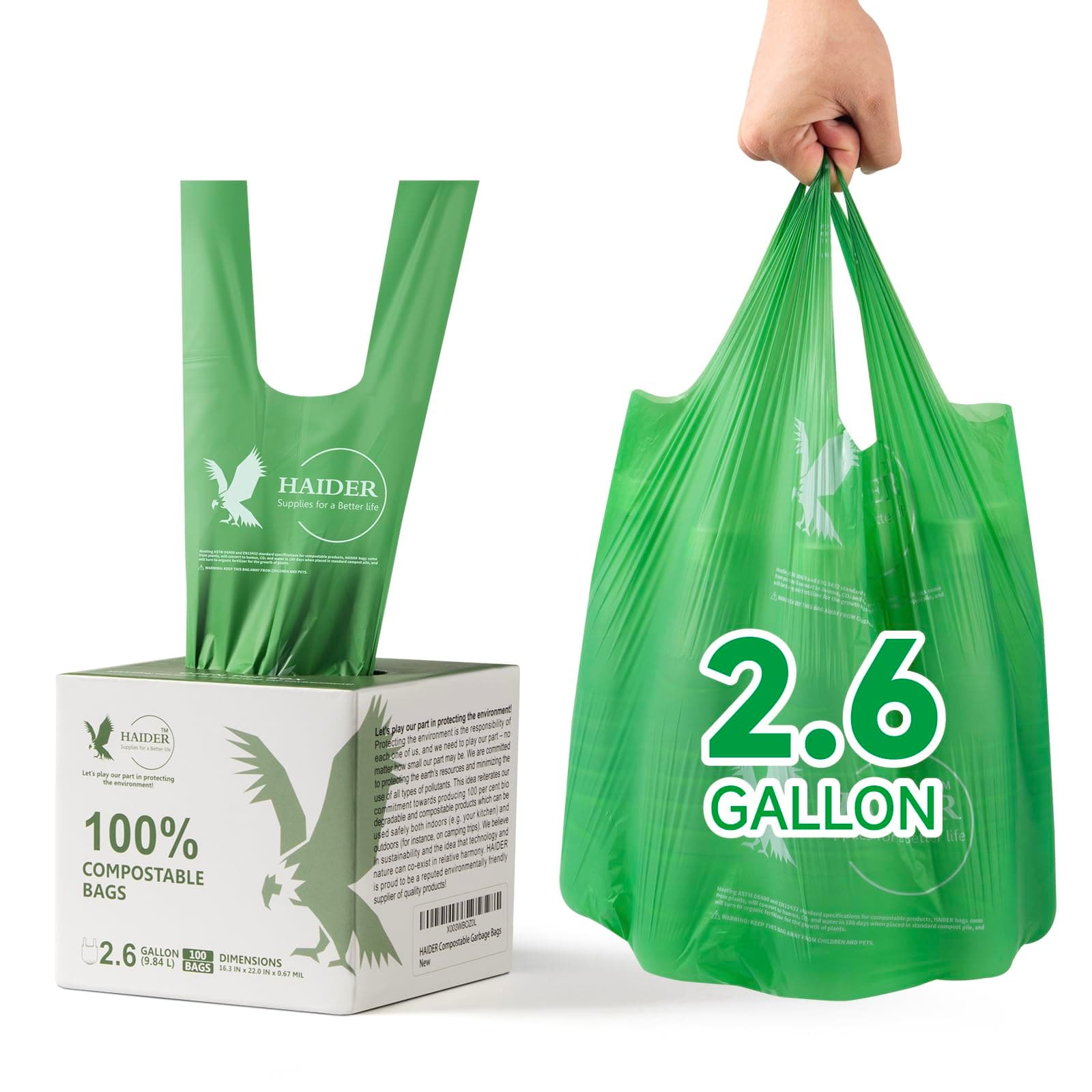 HAIDER Compostable & Eco-Friendly Kitchen Trash Bags - 2.6 Gallon Handle Tie Garbage Bags (100 Count, 1 Pack) Certified by BPI and OK Compost, ASTM D6400 Standards